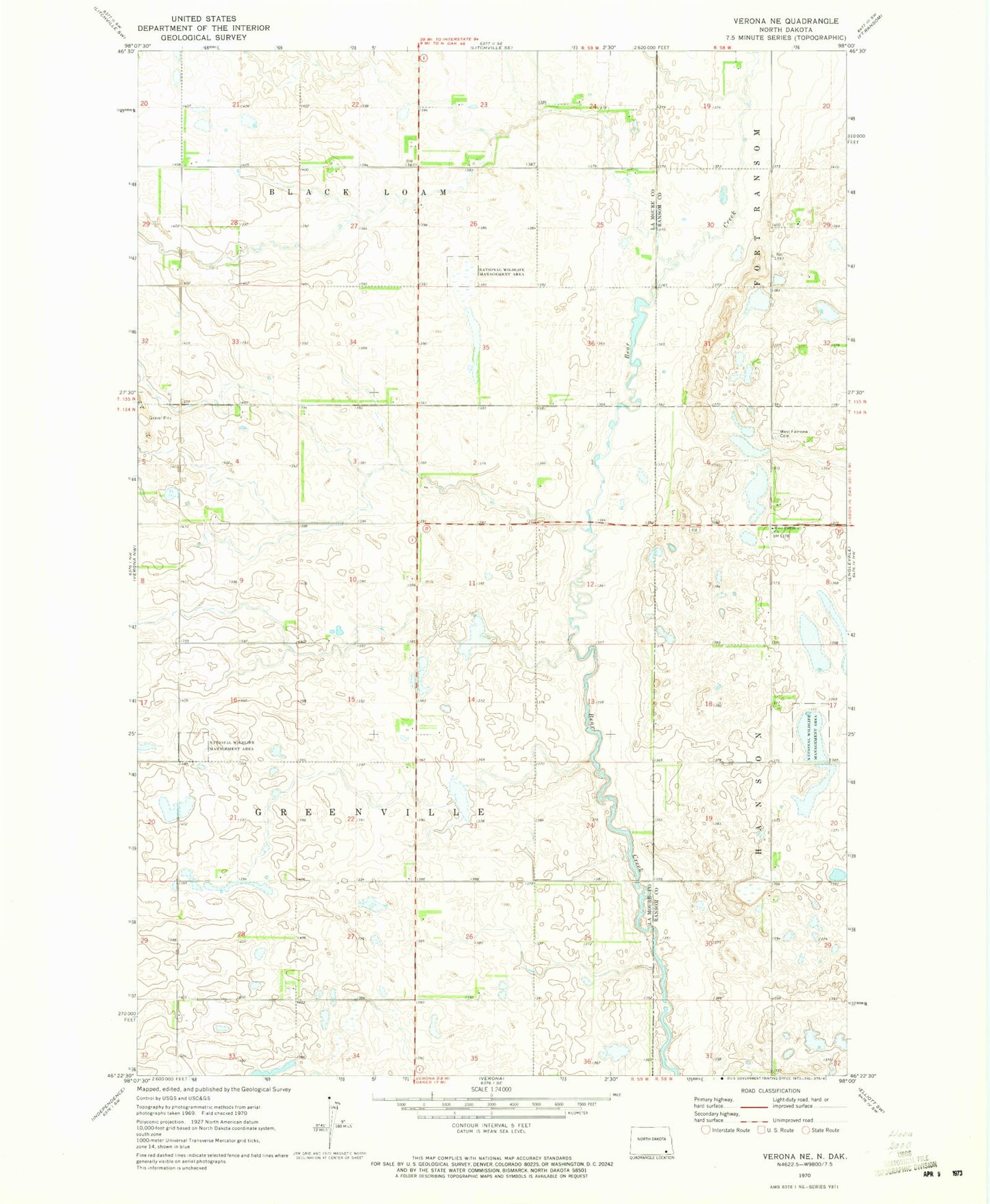 Classic USGS Verona NE North Dakota 7.5'x7.5' Topo Map Image
