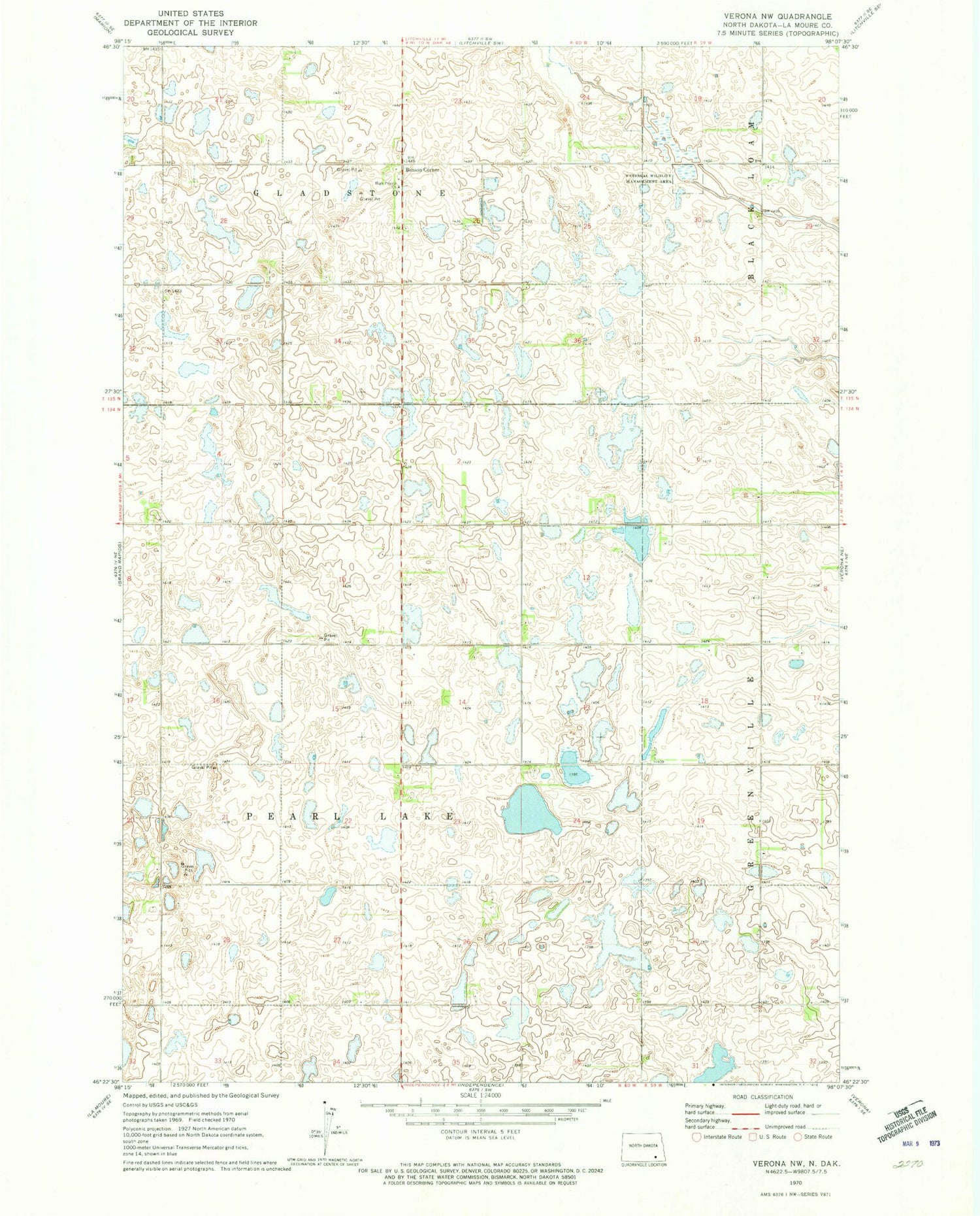 Classic USGS Verona NW North Dakota 7.5'x7.5' Topo Map Image