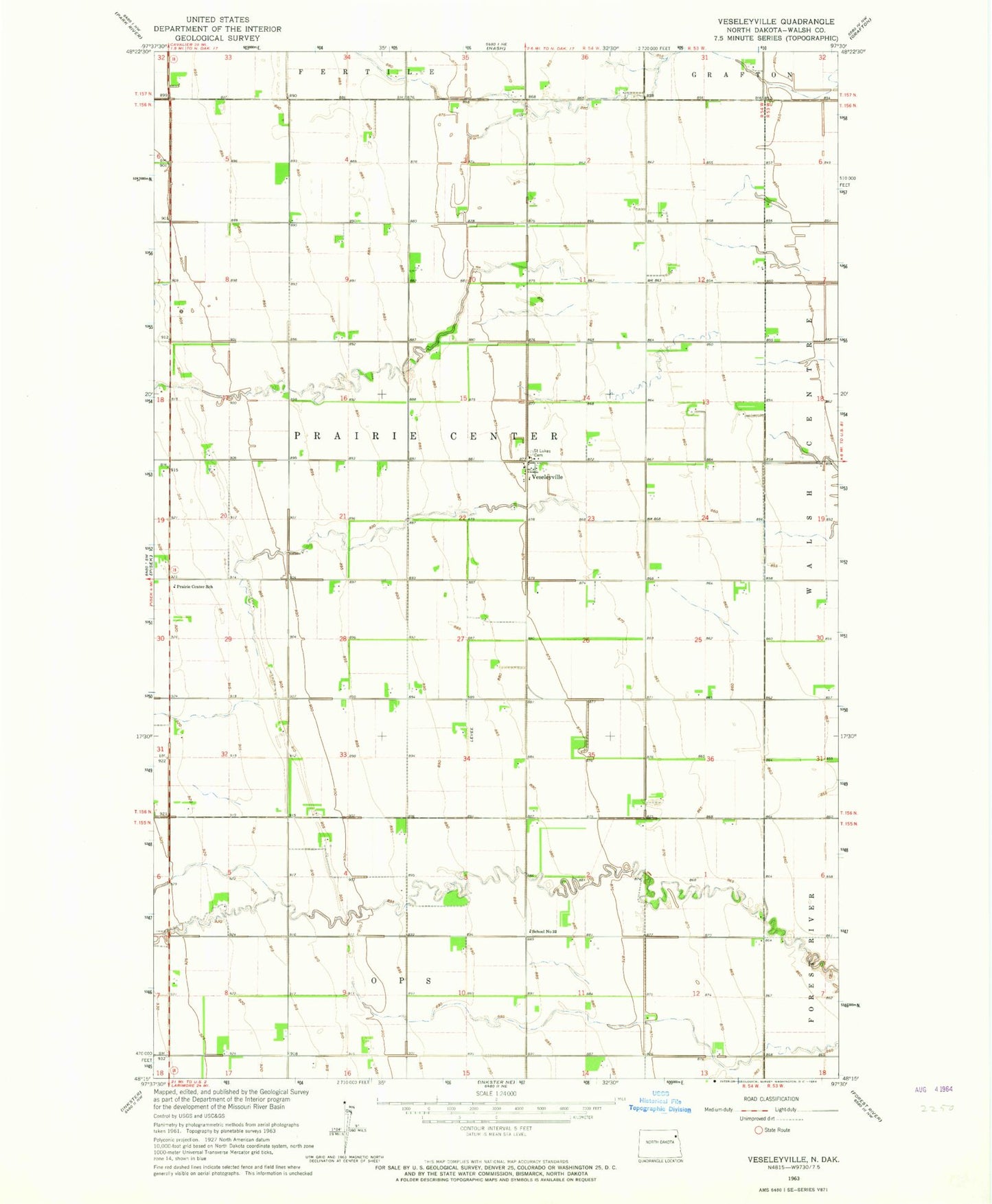 Classic USGS Veseleyville North Dakota 7.5'x7.5' Topo Map Image