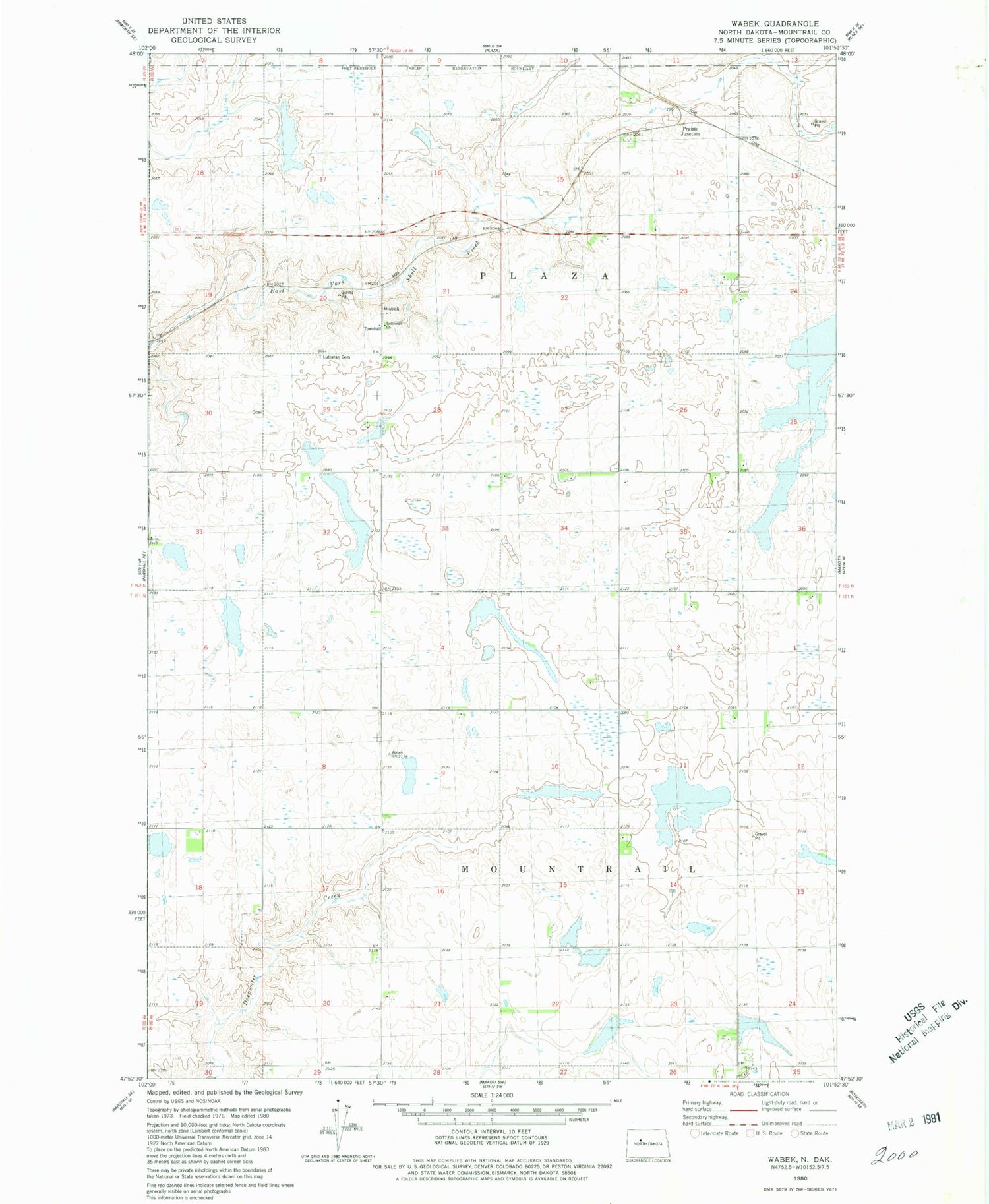 Classic USGS Wabek North Dakota 7.5'x7.5' Topo Map Image