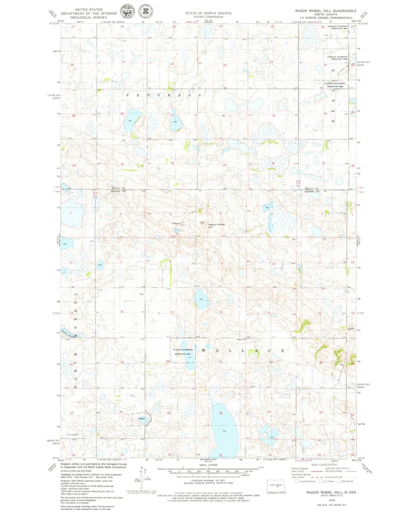 Classic USGS Wagon Wheel Hill North Dakota 7.5'x7.5' Topo Map Image