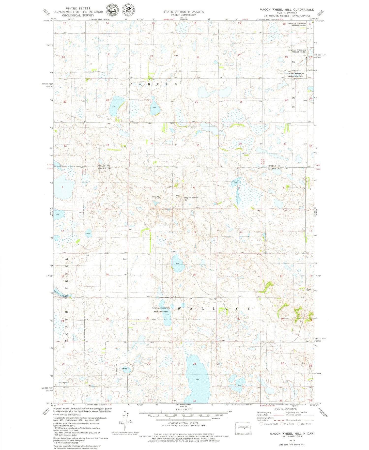 Classic USGS Wagon Wheel Hill North Dakota 7.5'x7.5' Topo Map Image