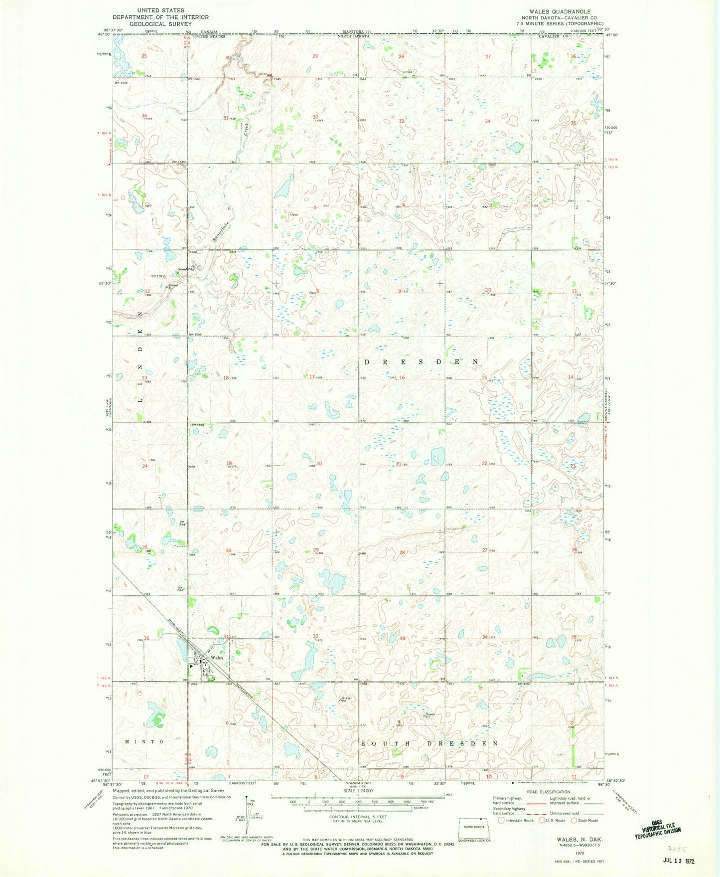 Classic USGS Wales North Dakota 7.5'x7.5' Topo Map Image