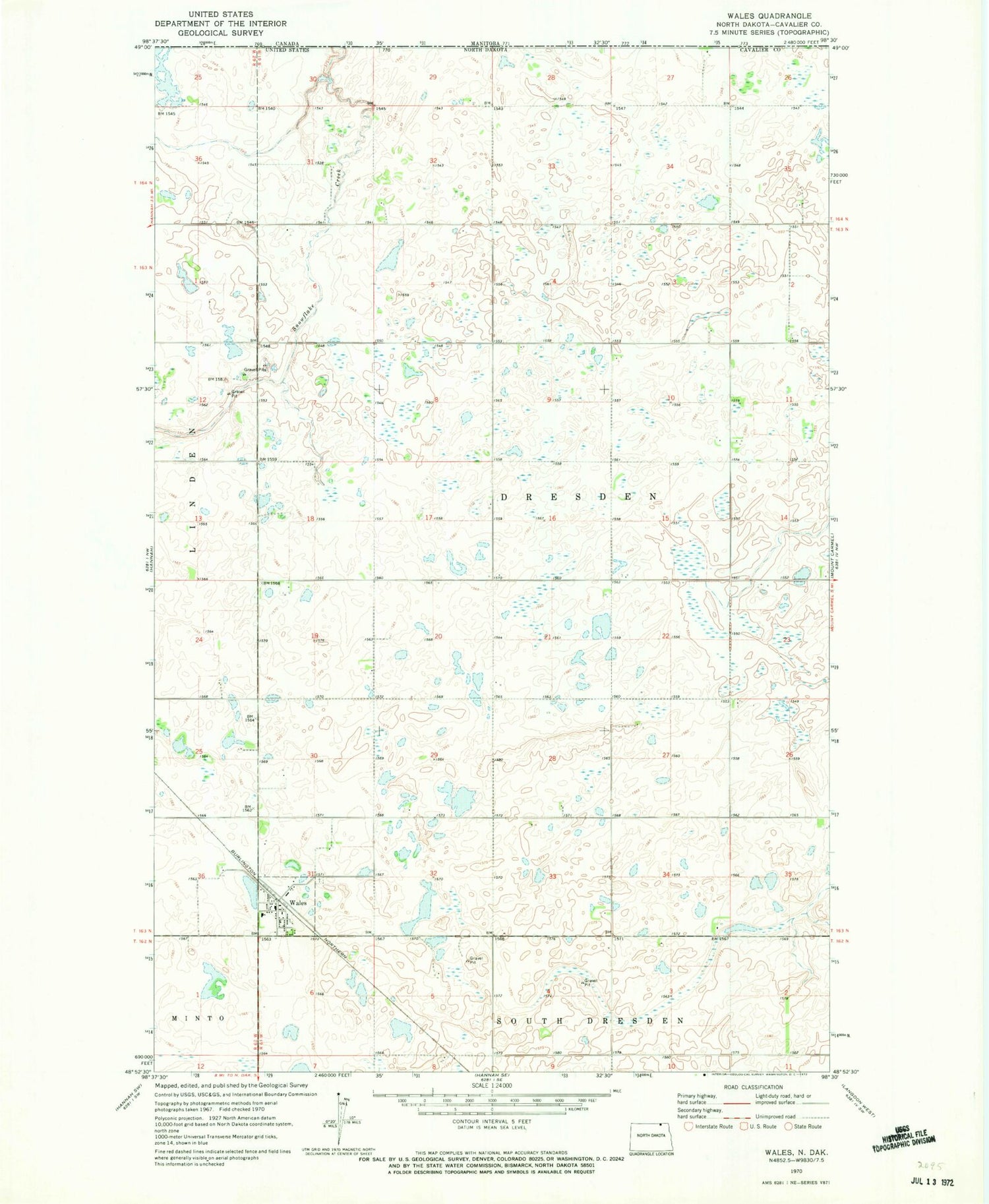 Classic USGS Wales North Dakota 7.5'x7.5' Topo Map Image