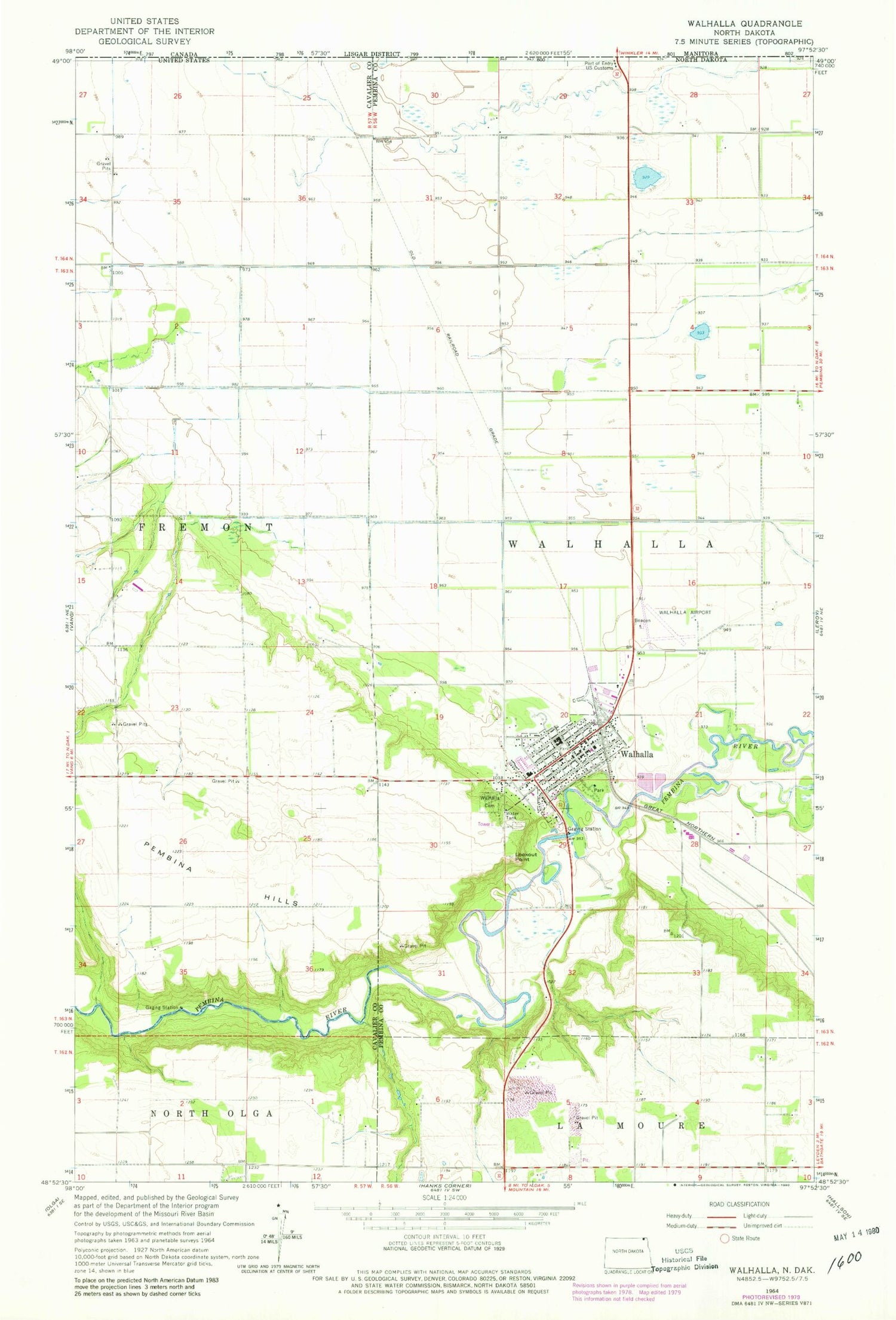 Classic USGS Walhalla North Dakota 7.5'x7.5' Topo Map Image