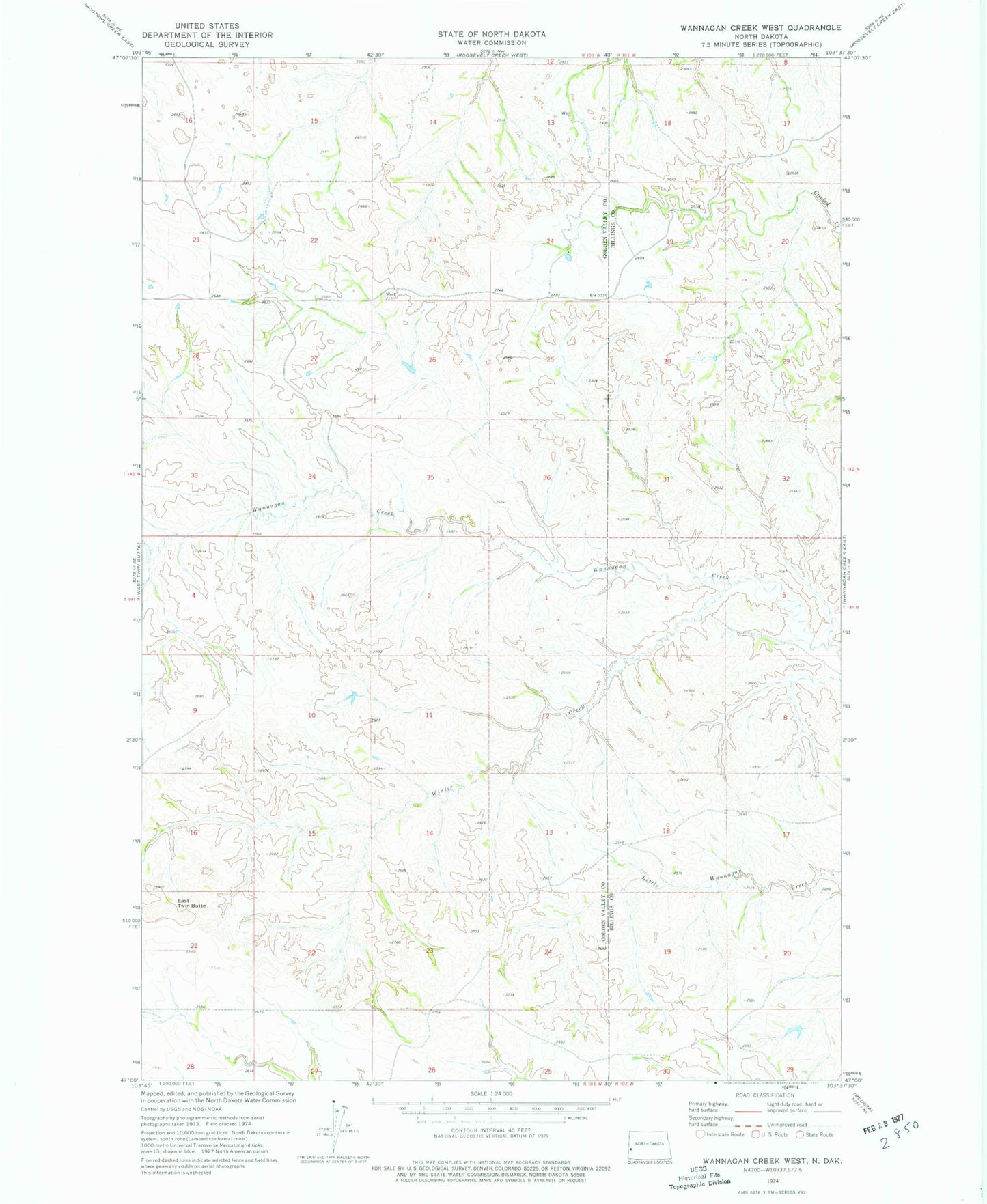 Classic USGS Wannagan Creek West North Dakota 7.5'x7.5' Topo Map Image