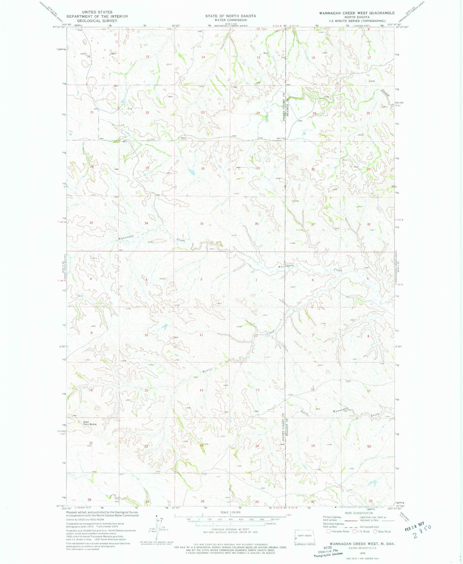 Classic USGS Wannagan Creek West North Dakota 7.5'x7.5' Topo Map Image