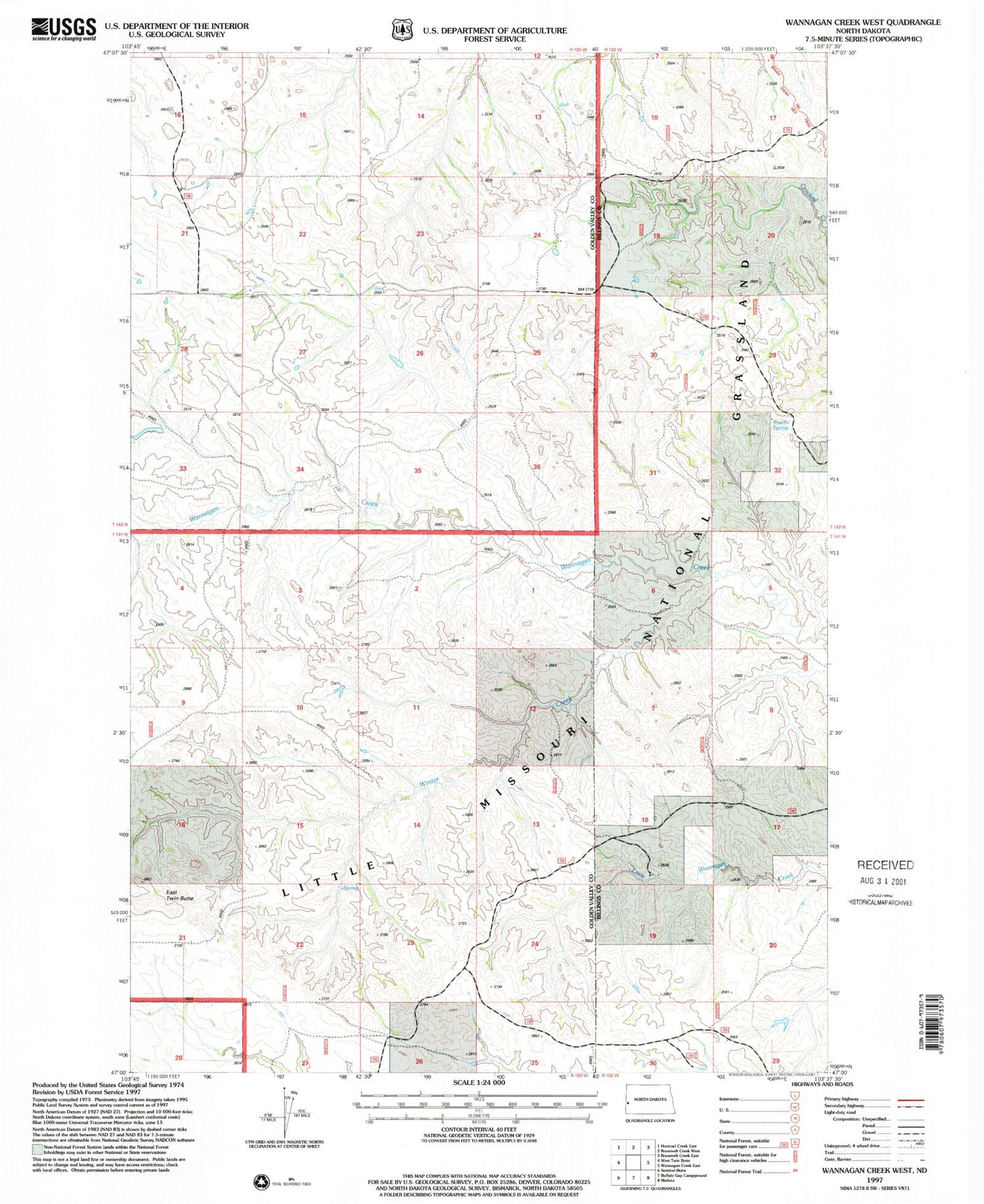 Classic USGS Wannagan Creek West North Dakota 7.5'x7.5' Topo Map Image