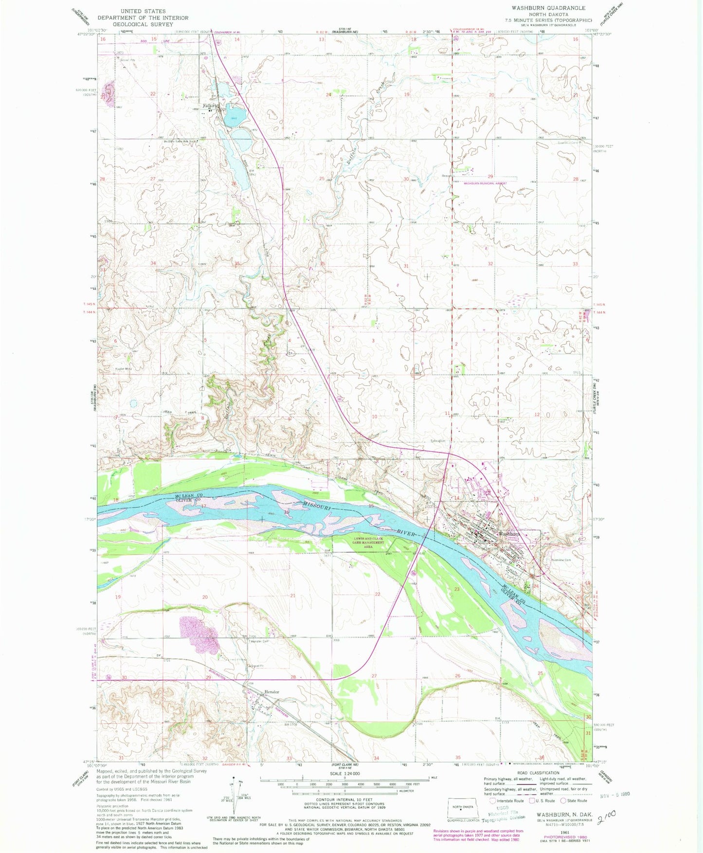 Classic USGS Washburn North Dakota 7.5'x7.5' Topo Map Image