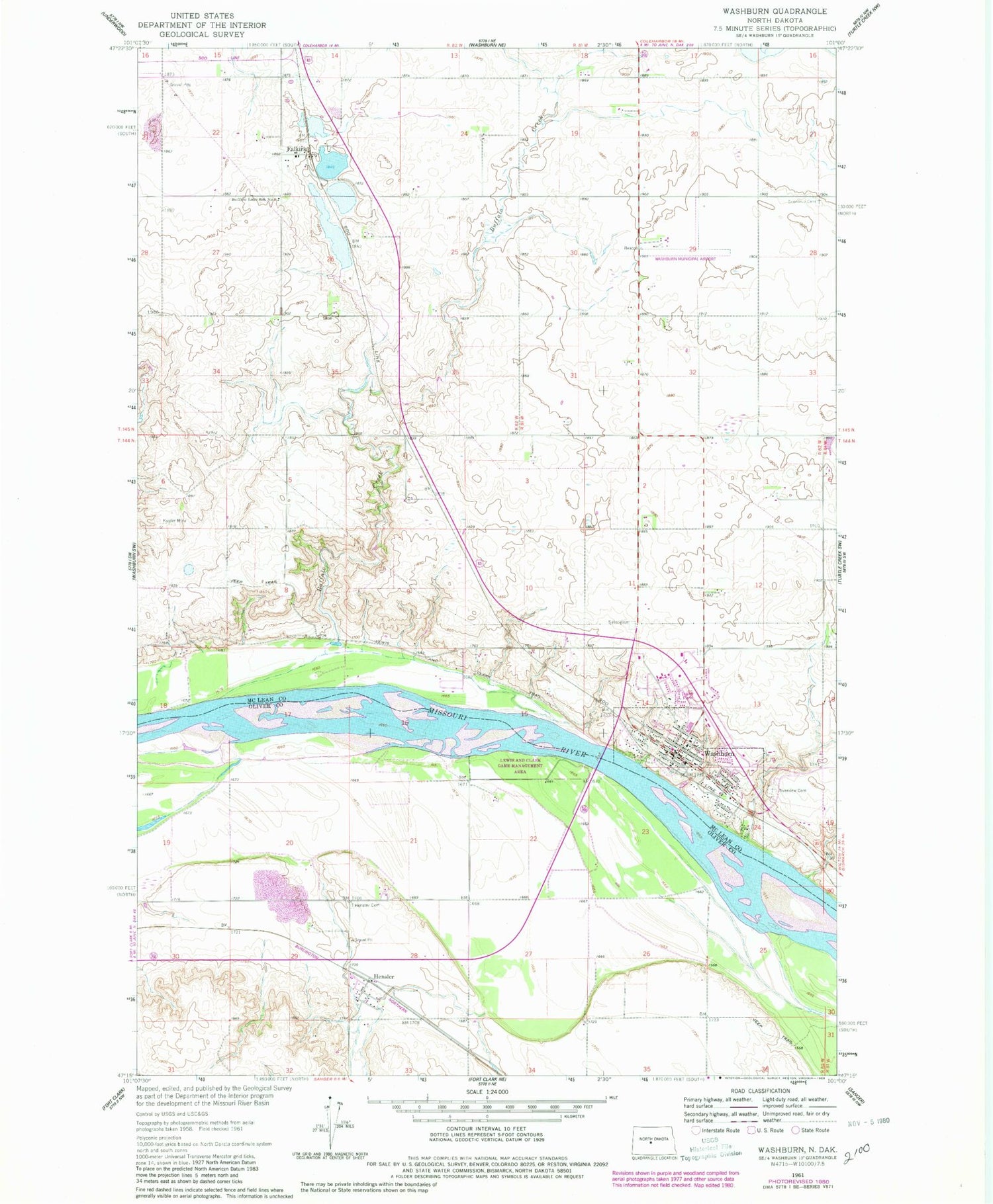 Classic USGS Washburn North Dakota 7.5'x7.5' Topo Map Image