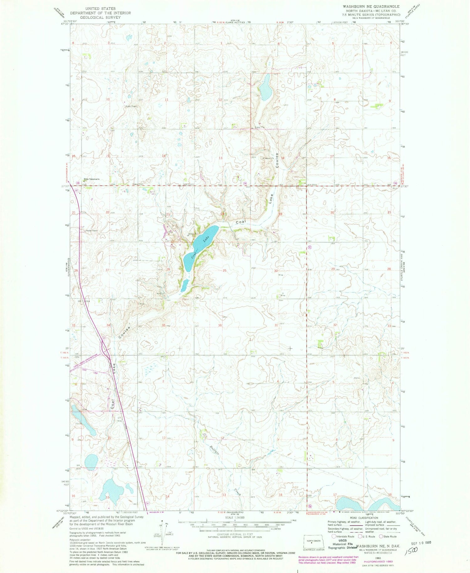 Classic USGS Washburn NE North Dakota 7.5'x7.5' Topo Map Image