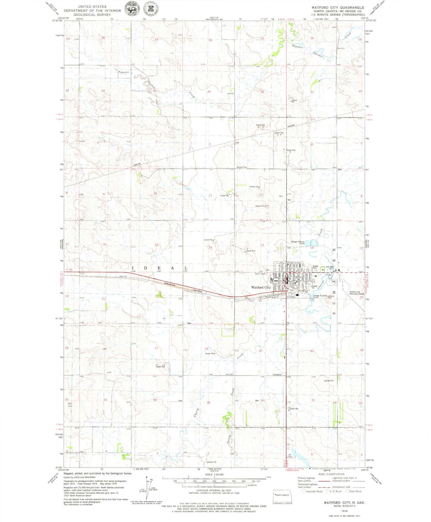 Classic USGS Watford City North Dakota 7.5'x7.5' Topo Map Image