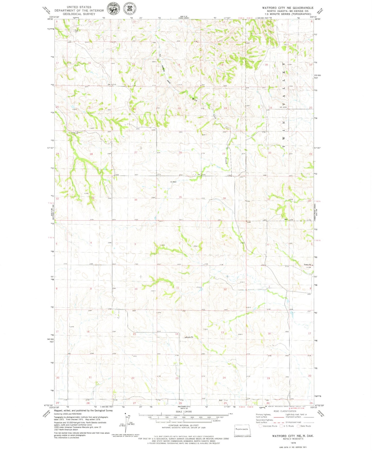 Classic USGS Watford City NE North Dakota 7.5'x7.5' Topo Map Image