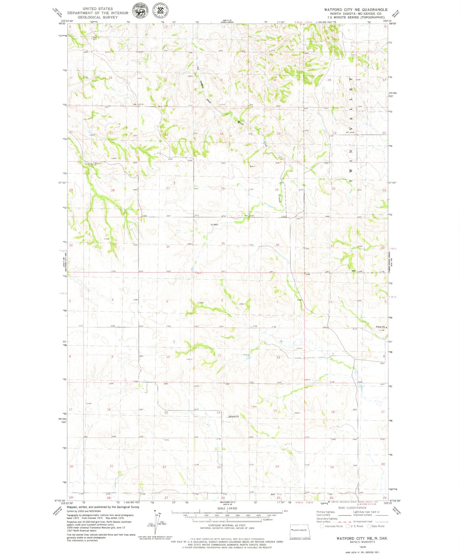 Classic USGS Watford City NE North Dakota 7.5'x7.5' Topo Map Image