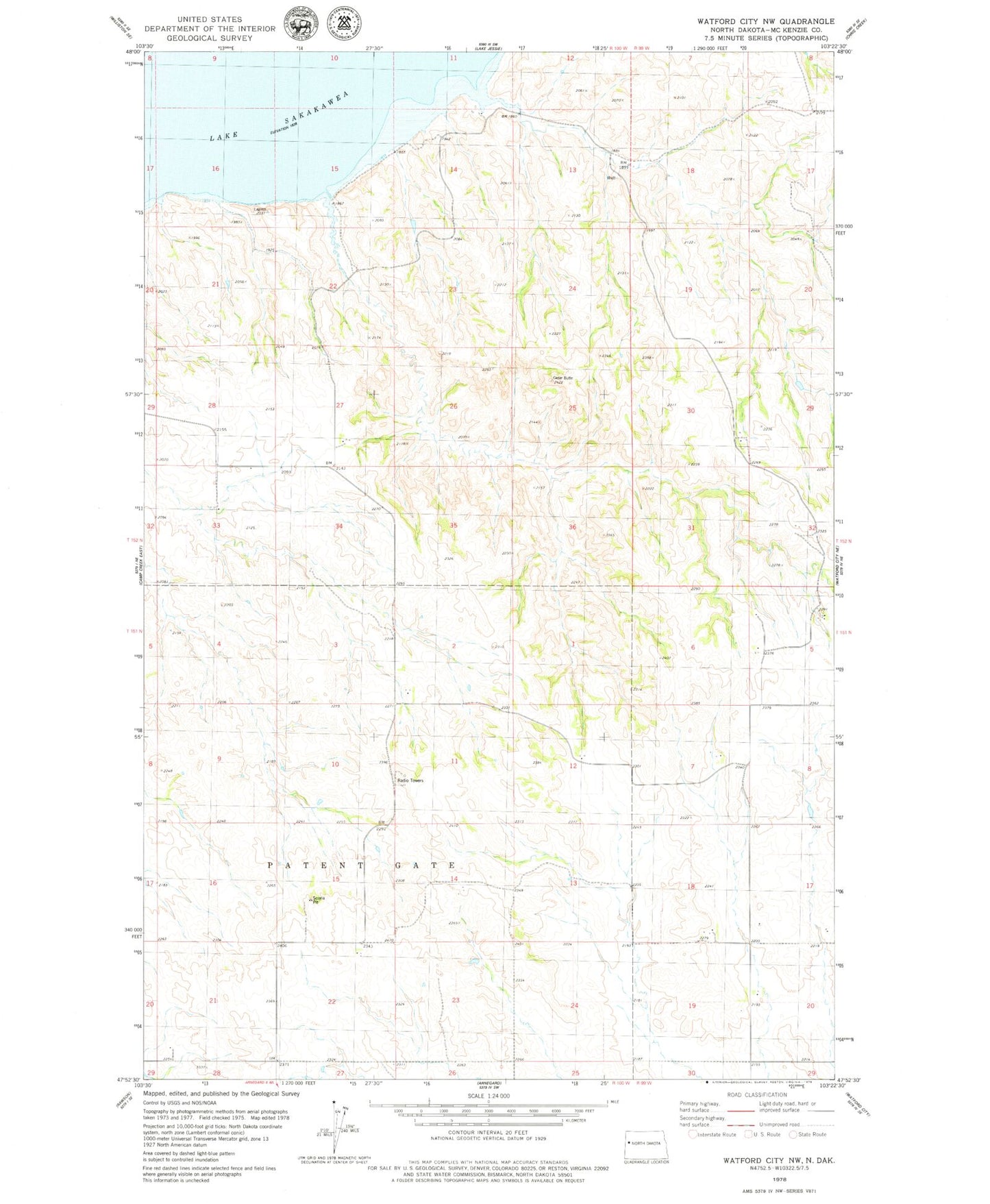 Classic USGS Watford City NW North Dakota 7.5'x7.5' Topo Map Image