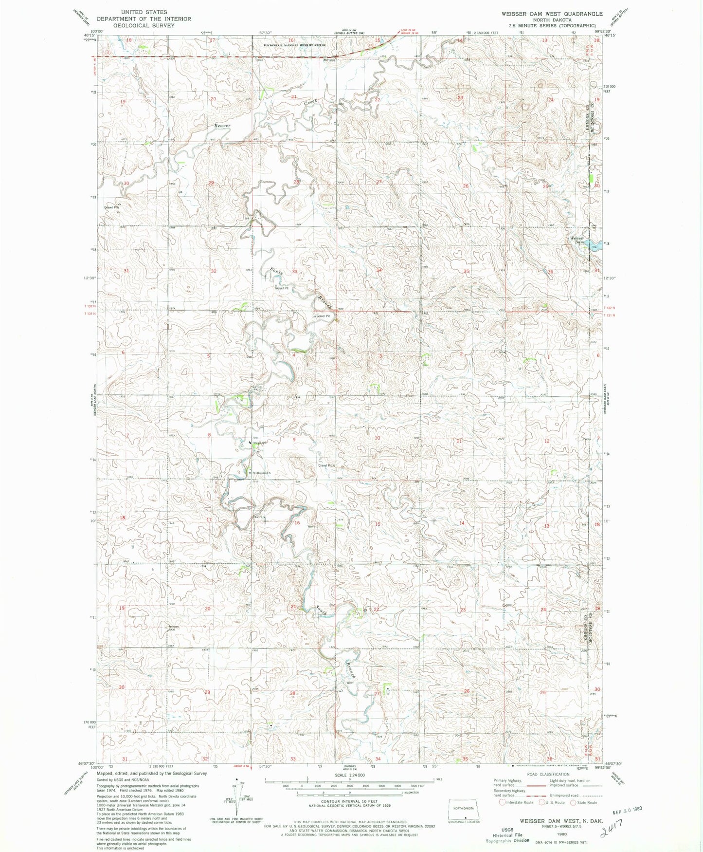 Classic USGS Weisser Dam West North Dakota 7.5'x7.5' Topo Map Image