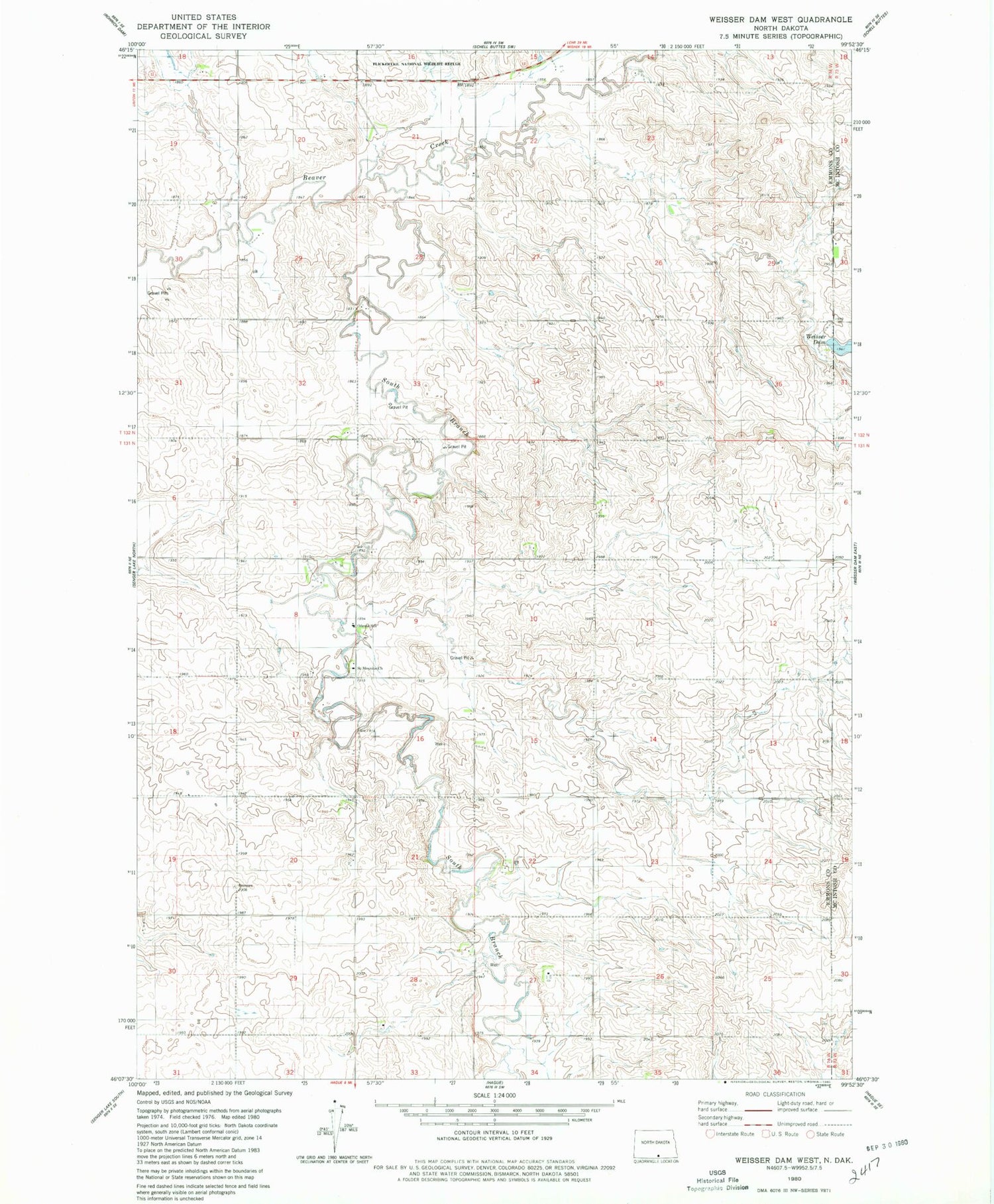 Classic USGS Weisser Dam West North Dakota 7.5'x7.5' Topo Map Image