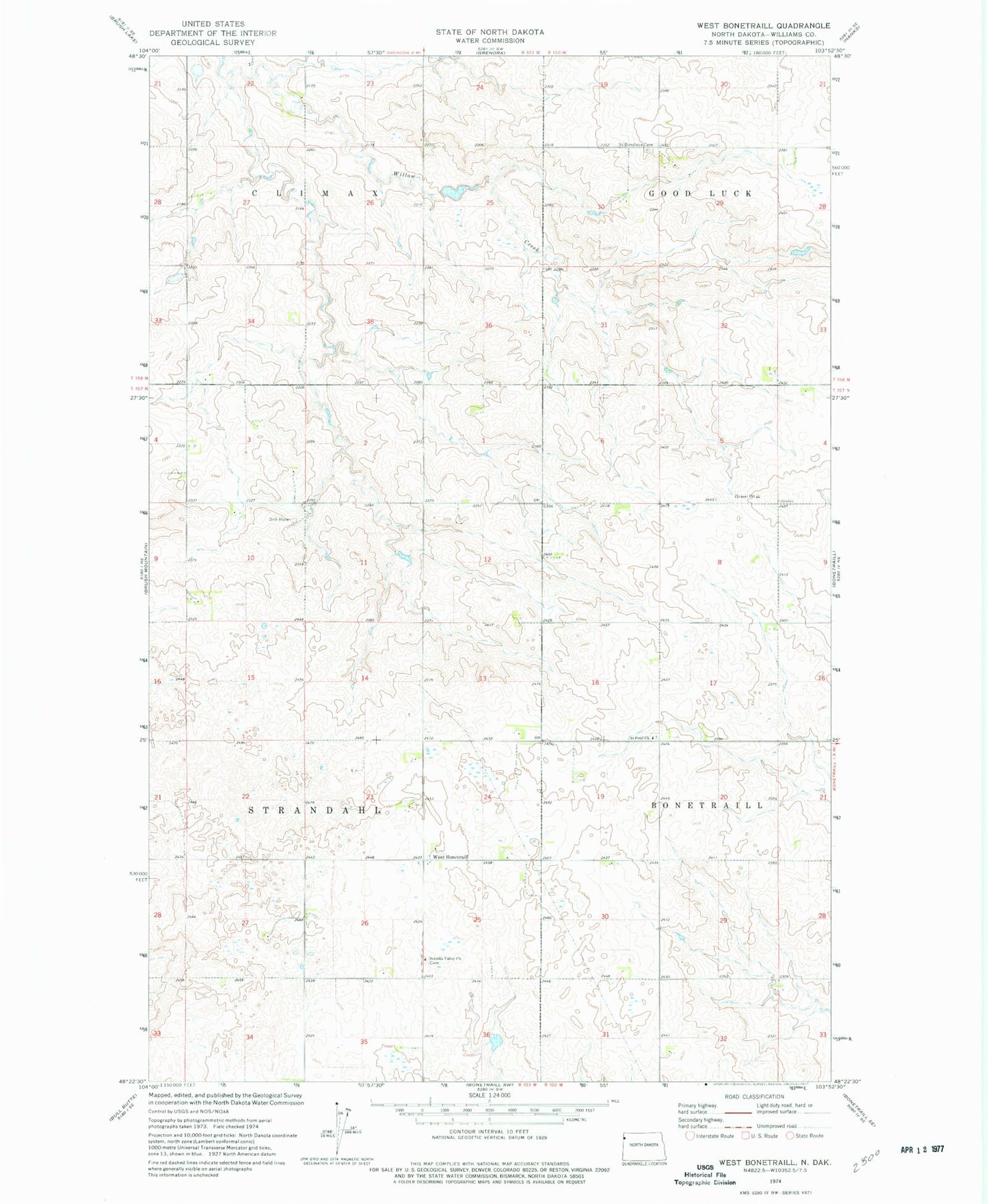 Classic USGS West Bonetraill North Dakota 7.5'x7.5' Topo Map Image
