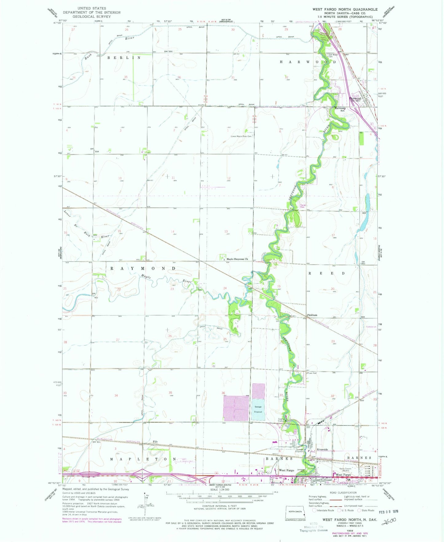 Classic USGS West Fargo North North Dakota 7.5'x7.5' Topo Map Image