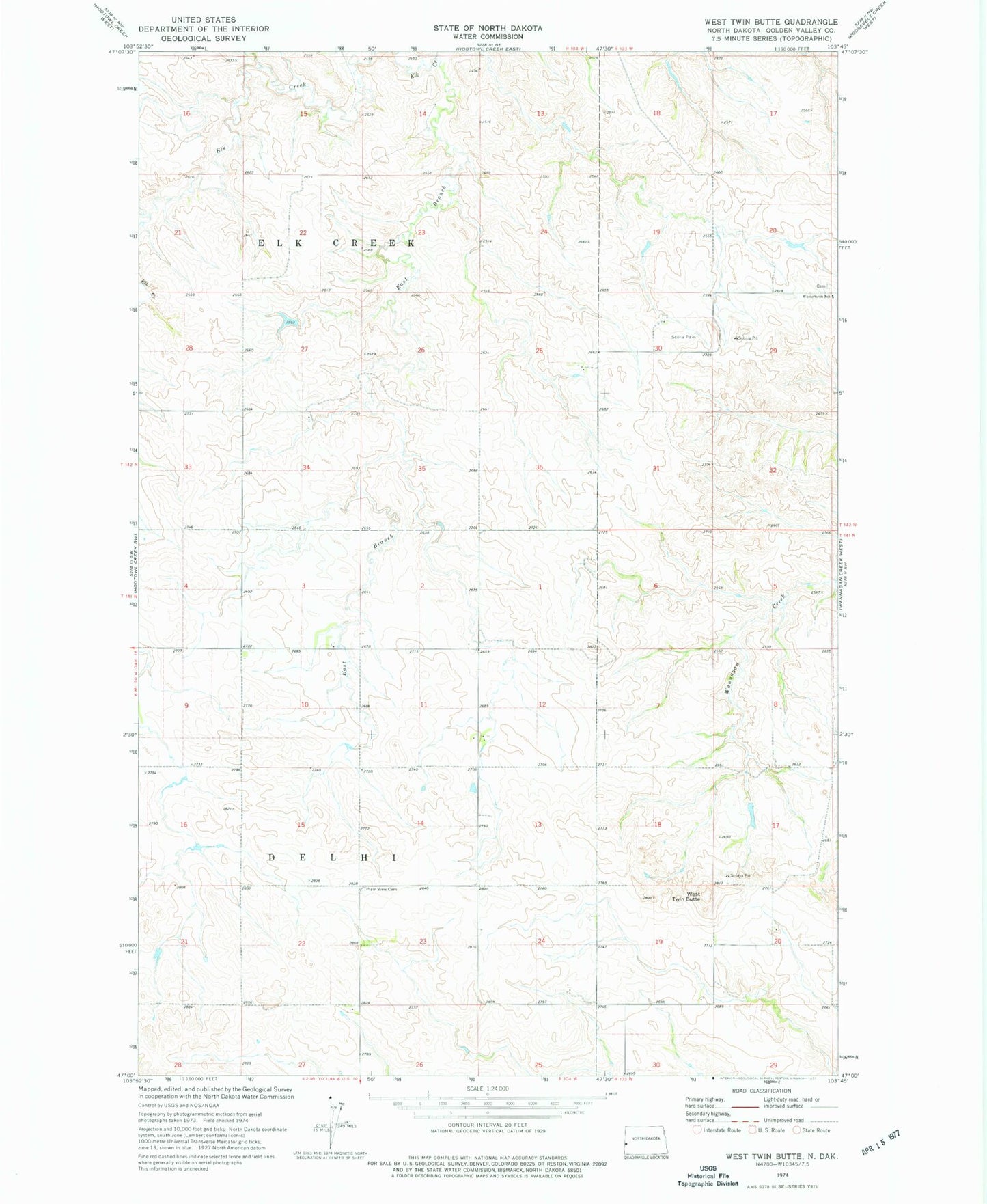 Classic USGS West Twin Butte North Dakota 7.5'x7.5' Topo Map Image