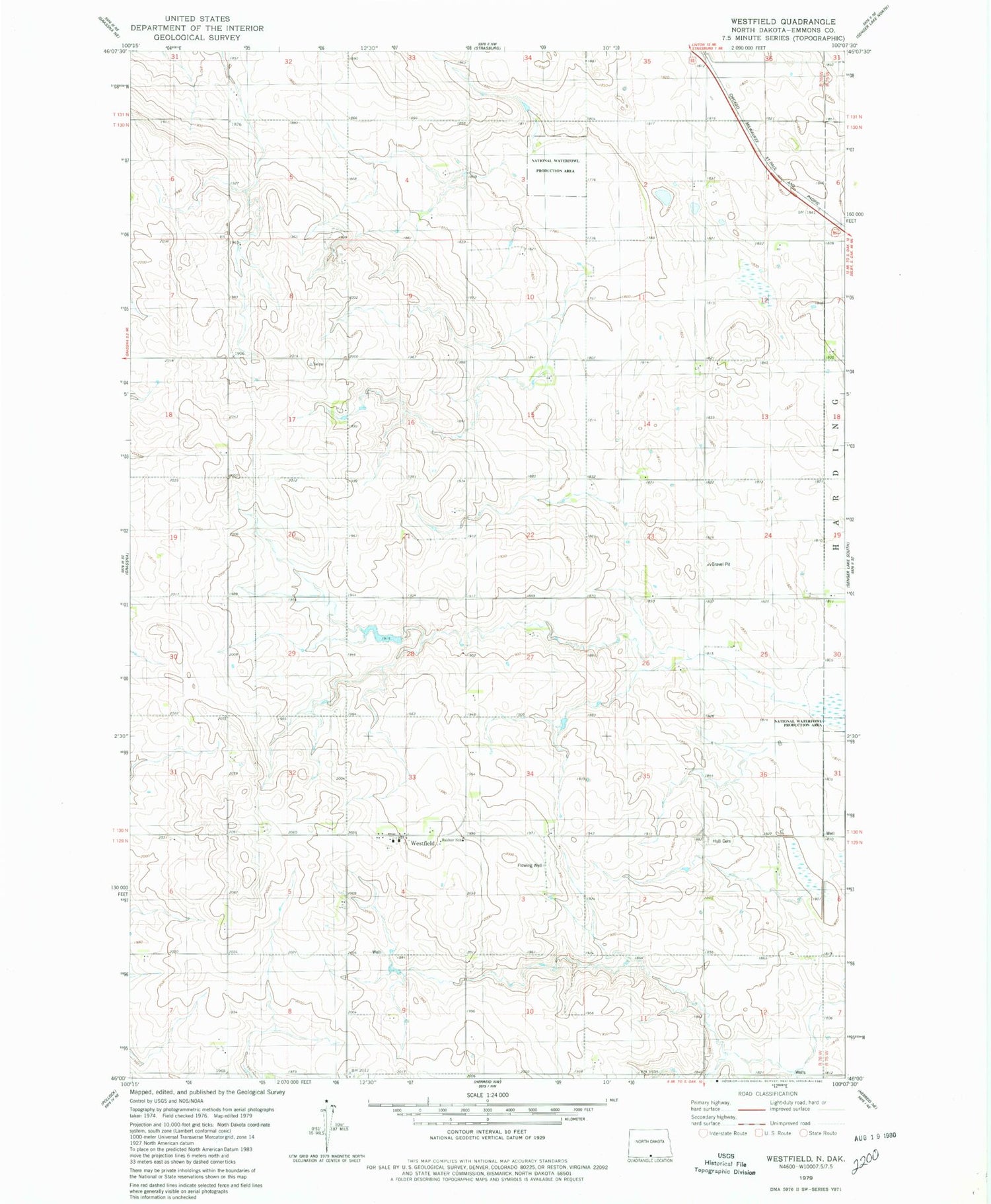 Classic USGS Westfield North Dakota 7.5'x7.5' Topo Map Image