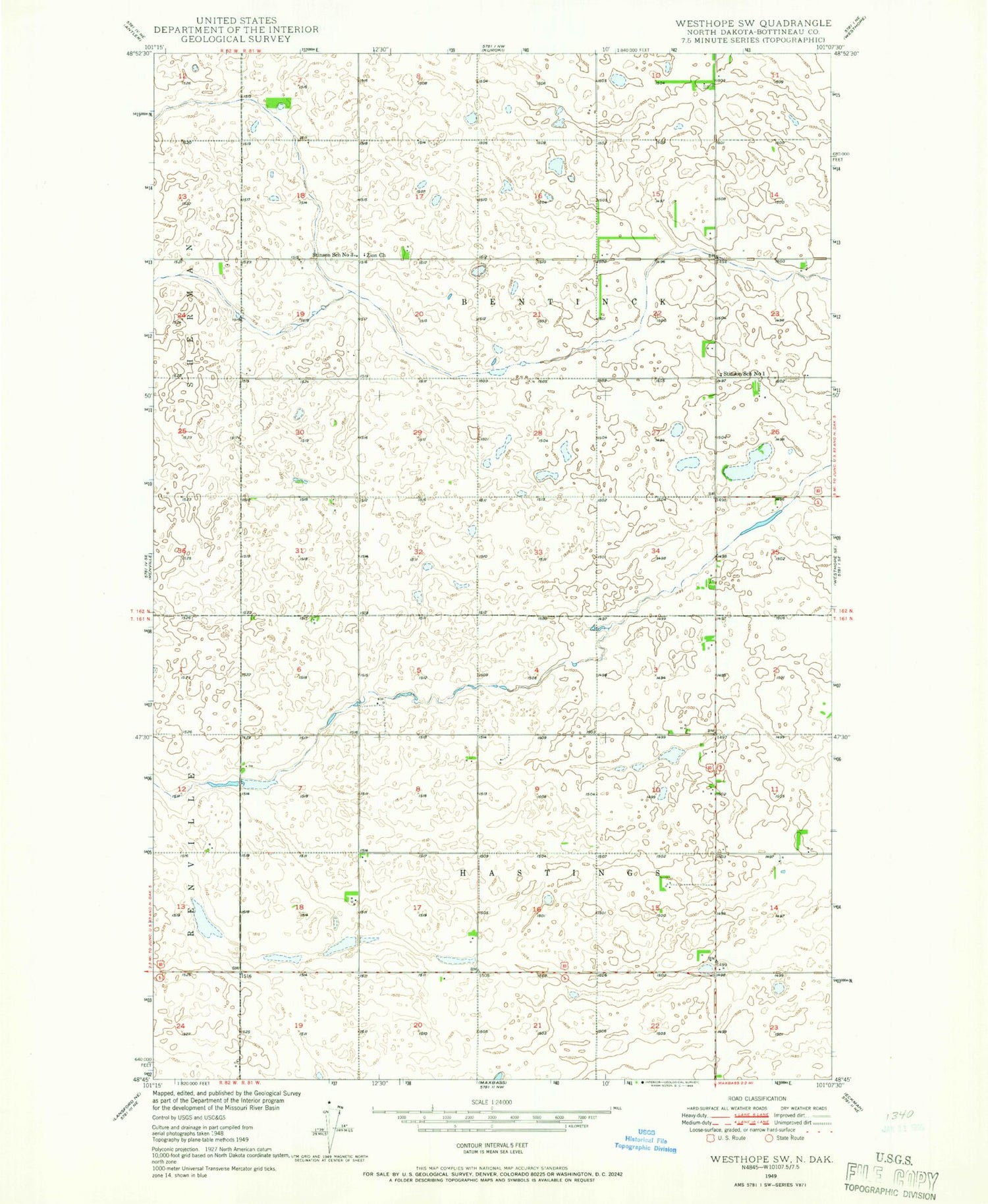 Classic USGS Westhope SW North Dakota 7.5'x7.5' Topo Map Image