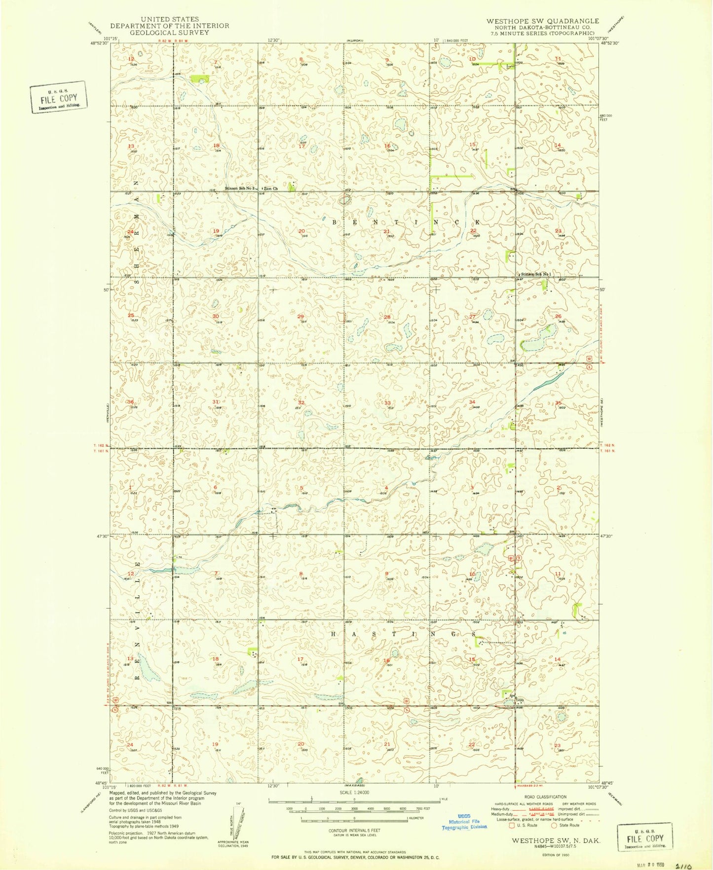 Classic USGS Westhope SW North Dakota 7.5'x7.5' Topo Map Image