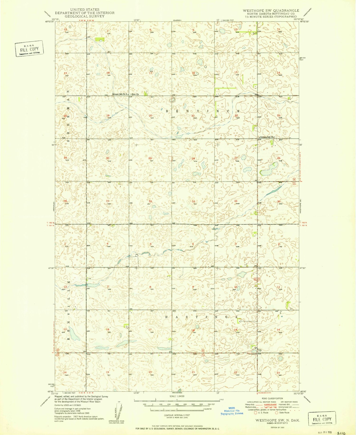 Classic USGS Westhope SW North Dakota 7.5'x7.5' Topo Map Image