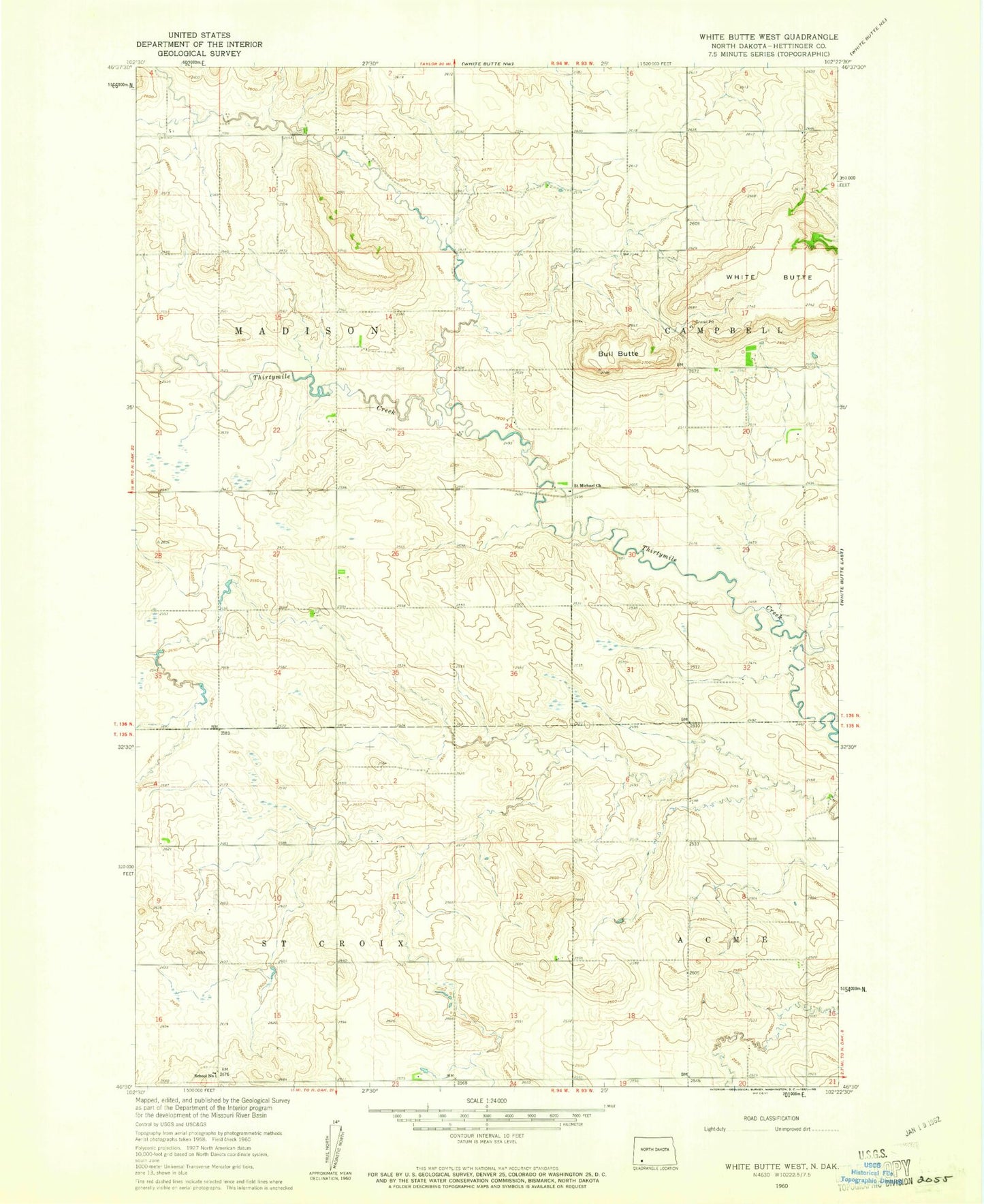 Classic USGS White Butte West North Dakota 7.5'x7.5' Topo Map Image