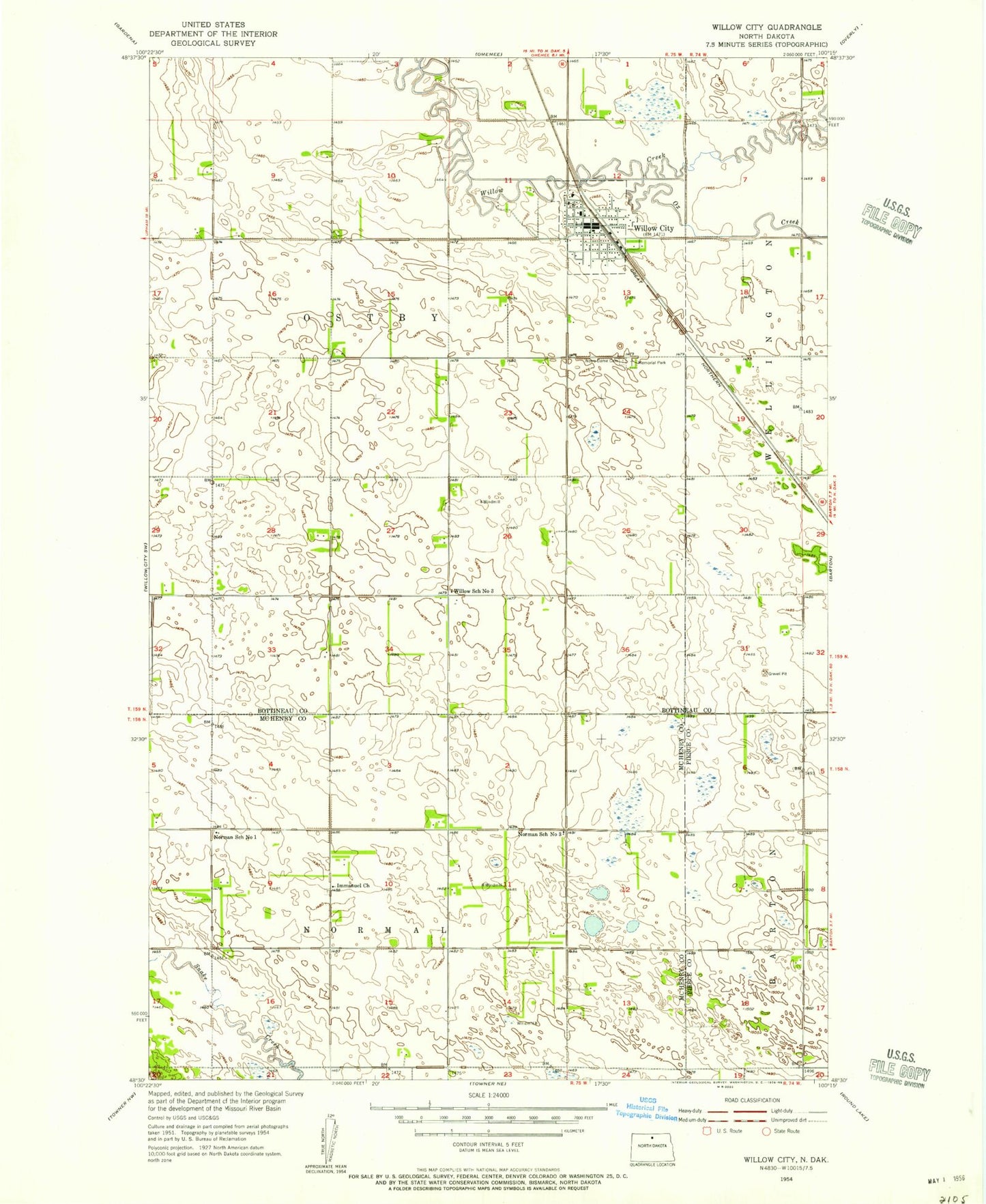 Classic USGS Willow City North Dakota 7.5'x7.5' Topo Map Image