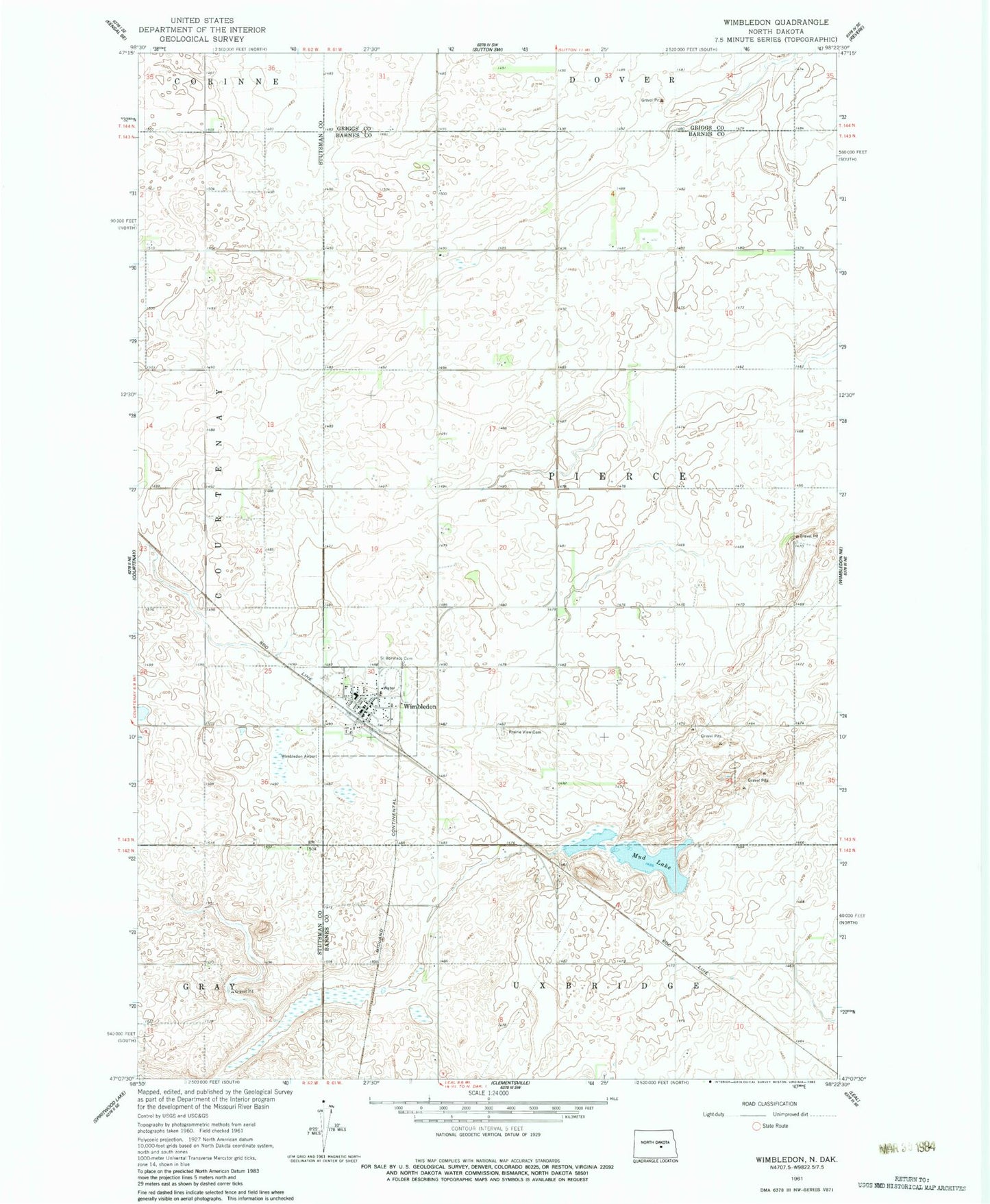 Classic USGS Wimbledon North Dakota 7.5'x7.5' Topo Map Image