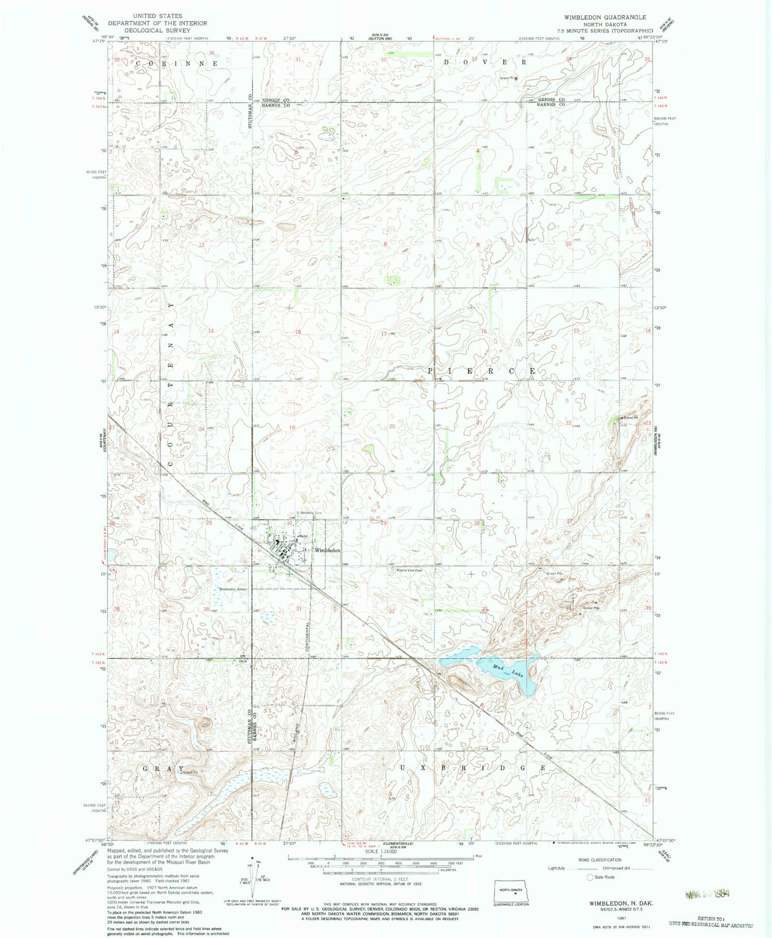 Classic USGS Wimbledon North Dakota 7.5'x7.5' Topo Map Image