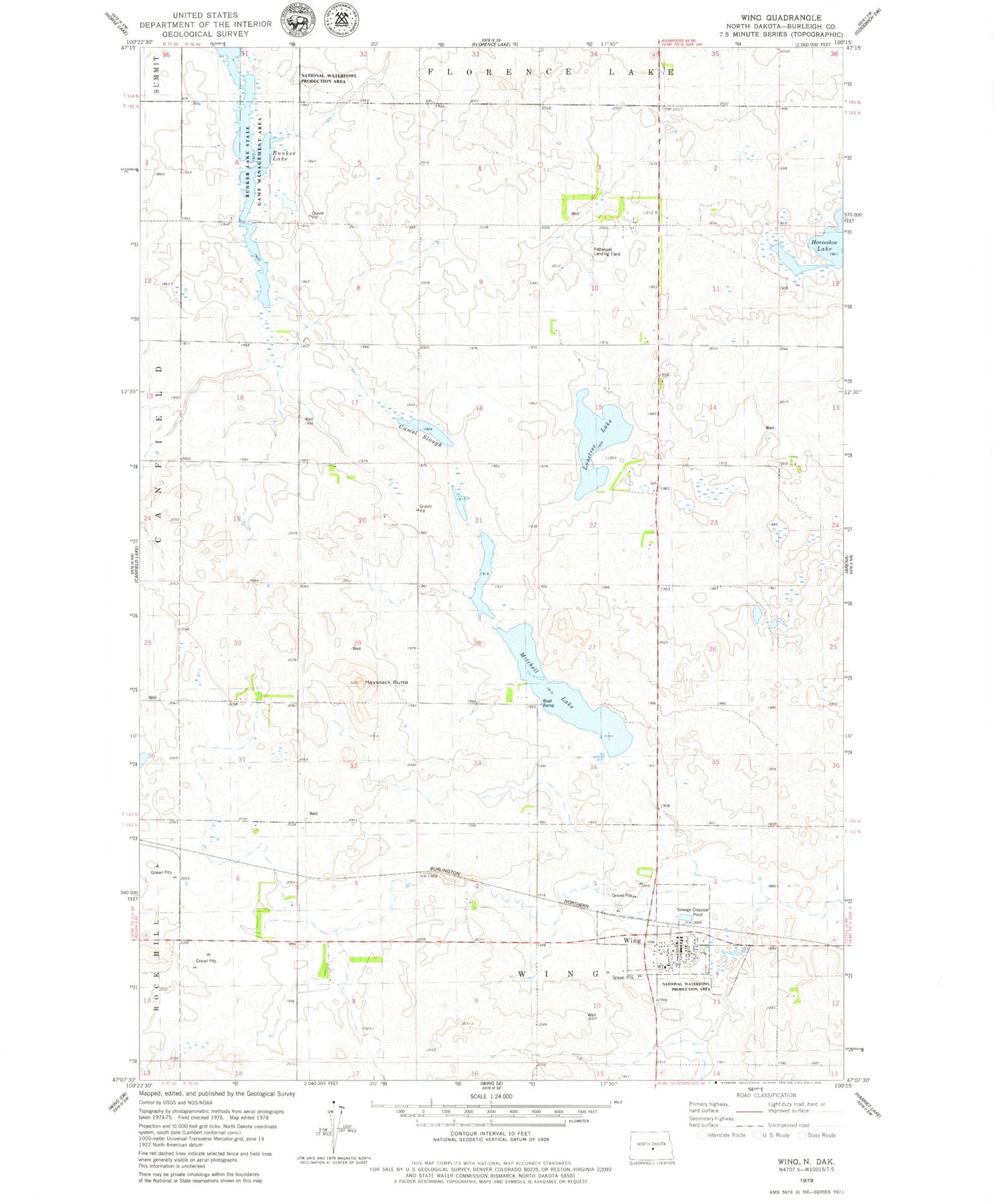 Classic USGS Wing North Dakota 7.5'x7.5' Topo Map Image