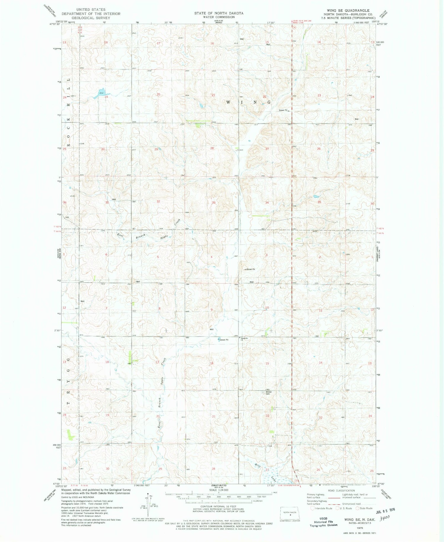 Classic USGS Wing SE North Dakota 7.5'x7.5' Topo Map Image