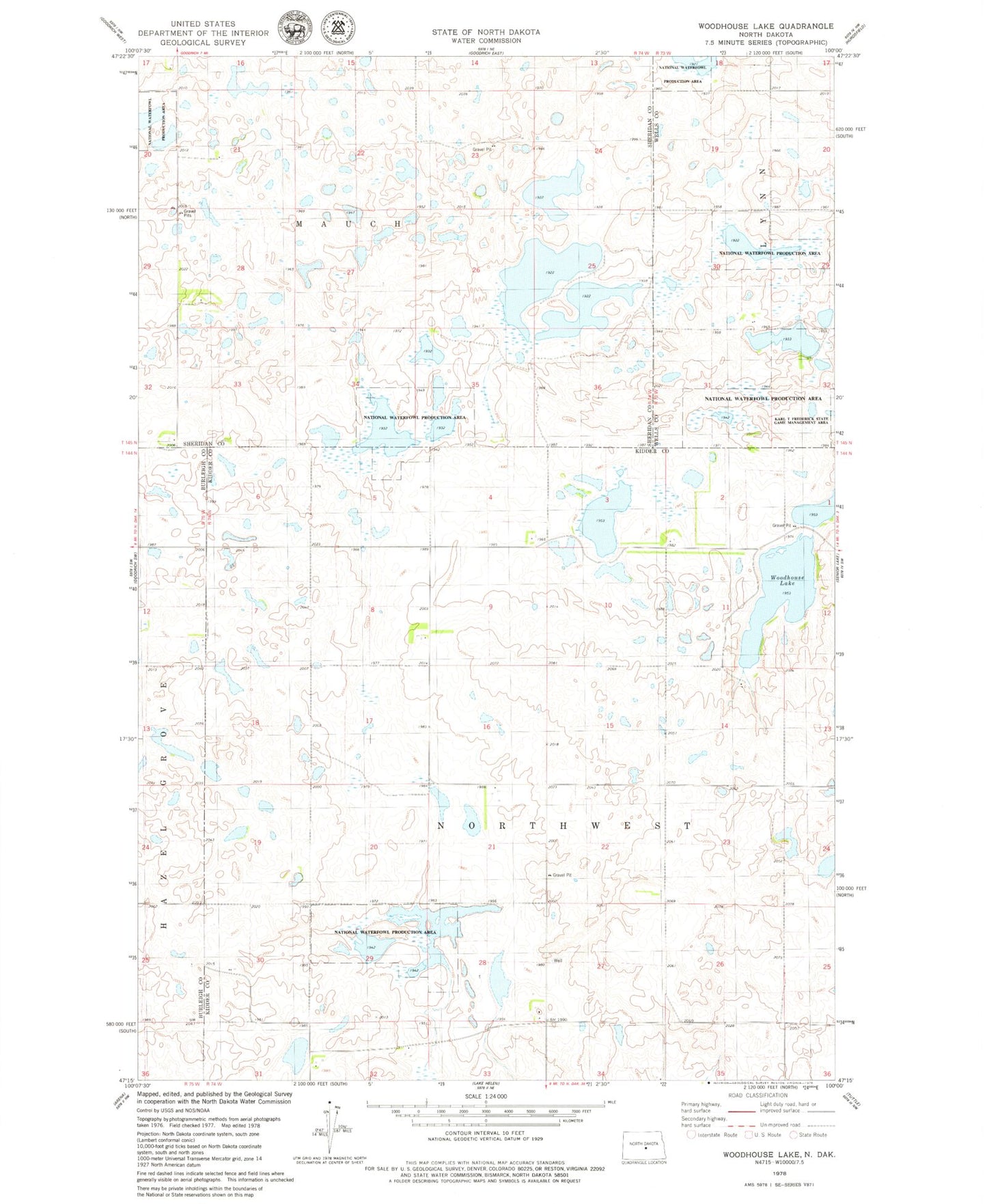 Classic USGS Woodhouse Lake North Dakota 7.5'x7.5' Topo Map Image