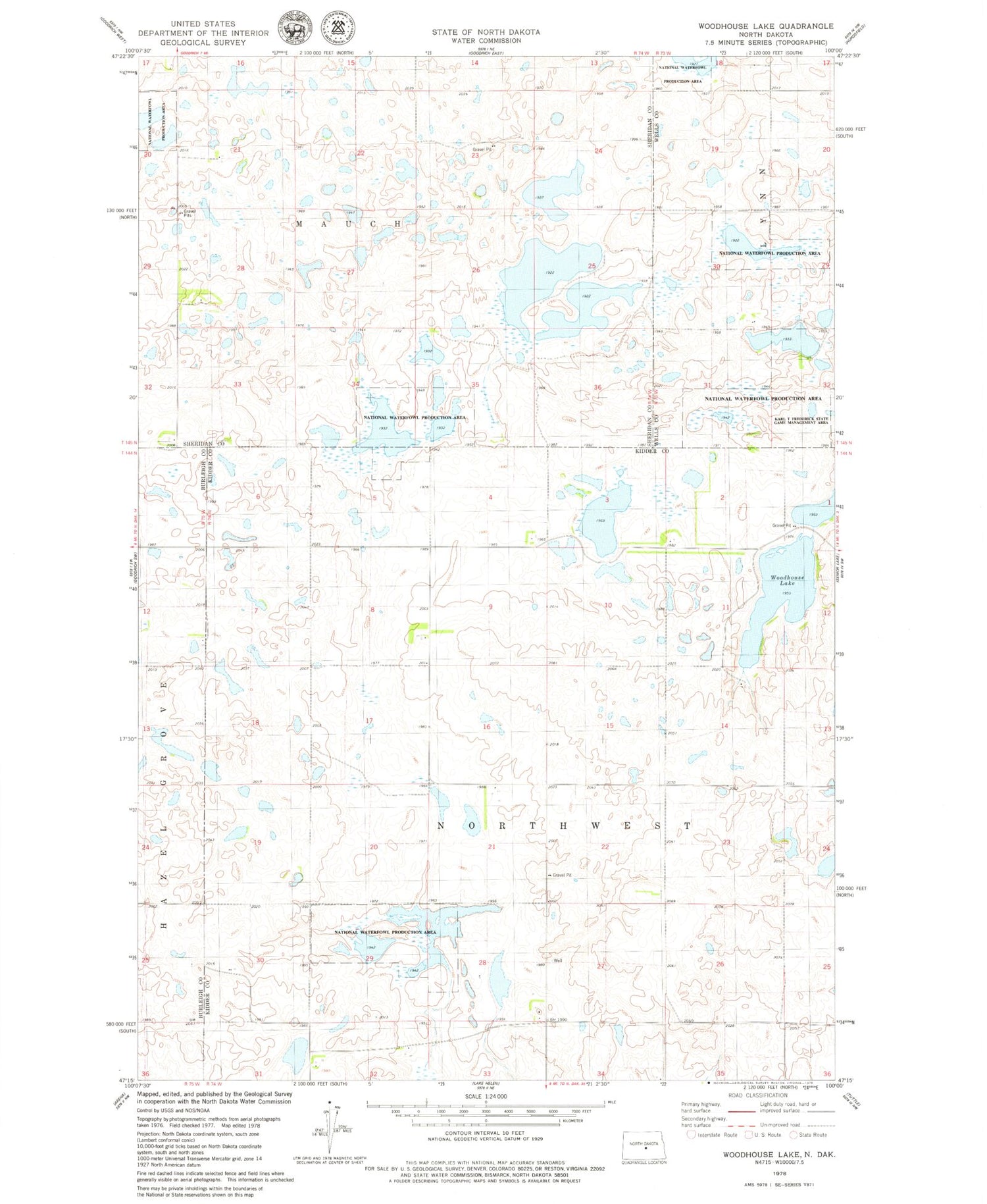 Classic USGS Woodhouse Lake North Dakota 7.5'x7.5' Topo Map Image