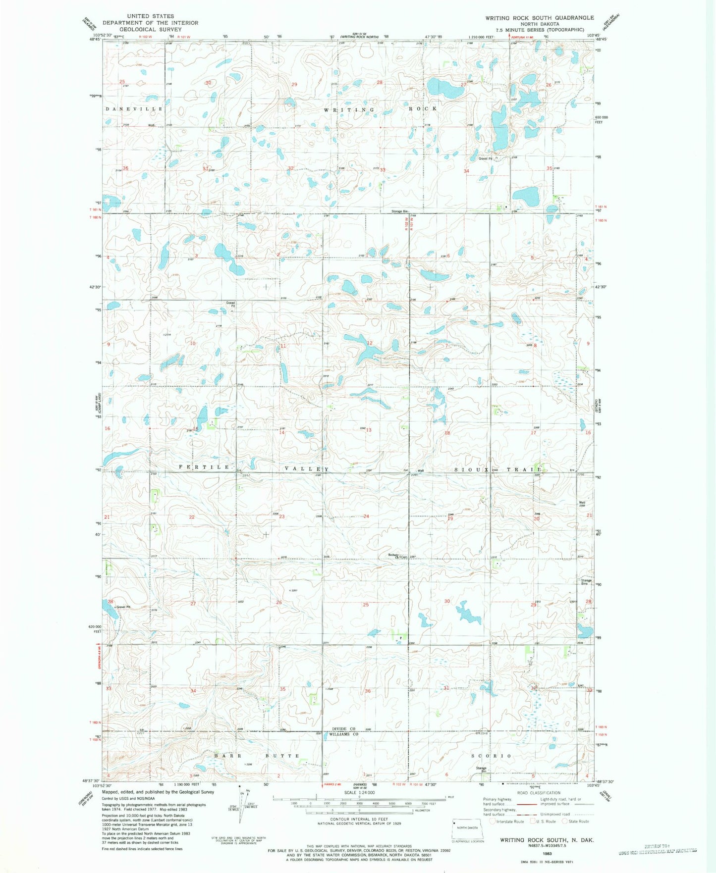 Classic USGS Writing Rock South North Dakota 7.5'x7.5' Topo Map Image