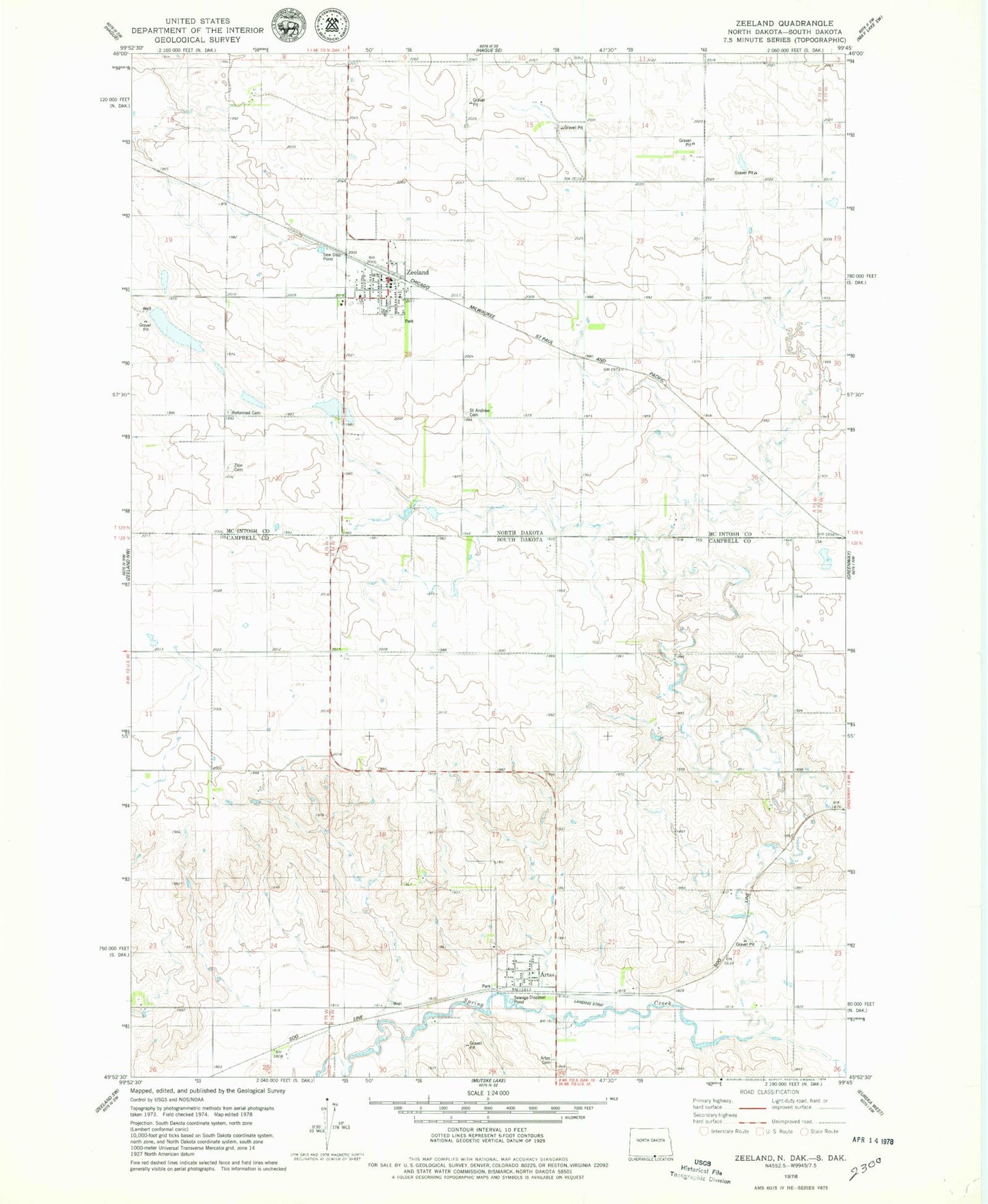 Classic USGS Zeeland North Dakota 7.5'x7.5' Topo Map Image