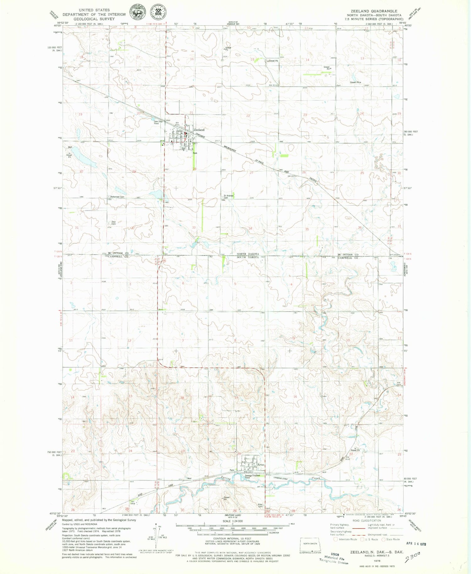 Classic USGS Zeeland North Dakota 7.5'x7.5' Topo Map Image