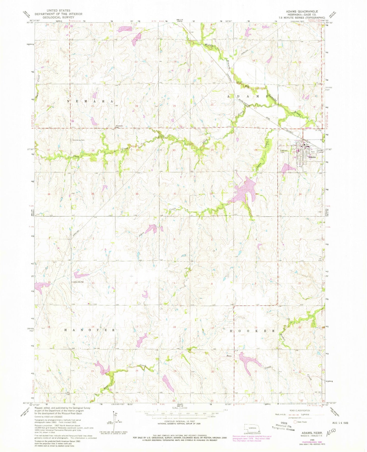 Classic USGS Adams Nebraska 7.5'x7.5' Topo Map Image
