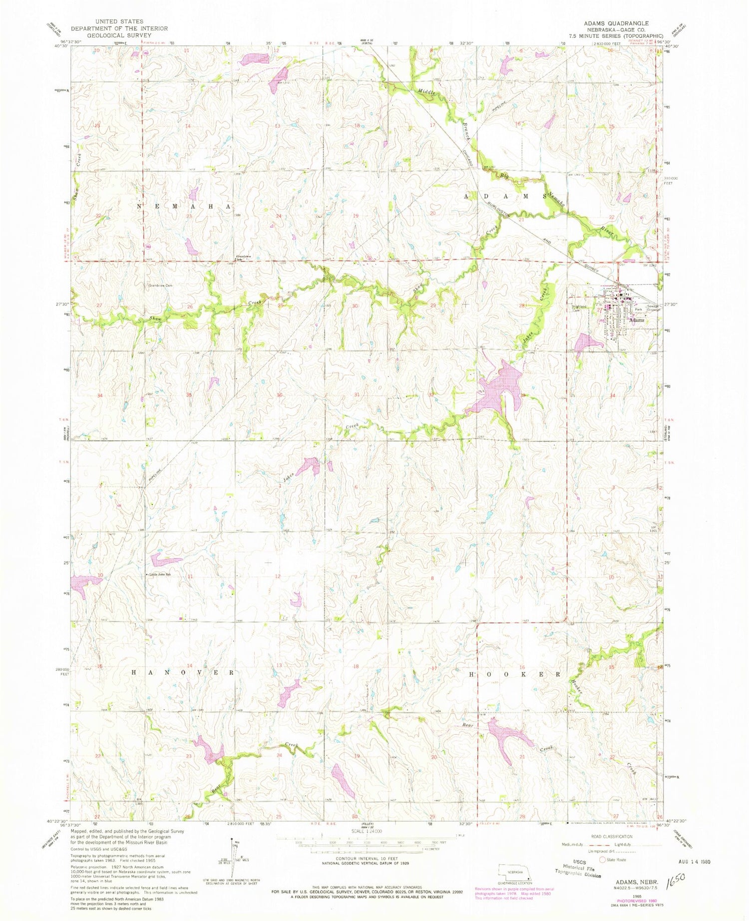 Classic USGS Adams Nebraska 7.5'x7.5' Topo Map Image