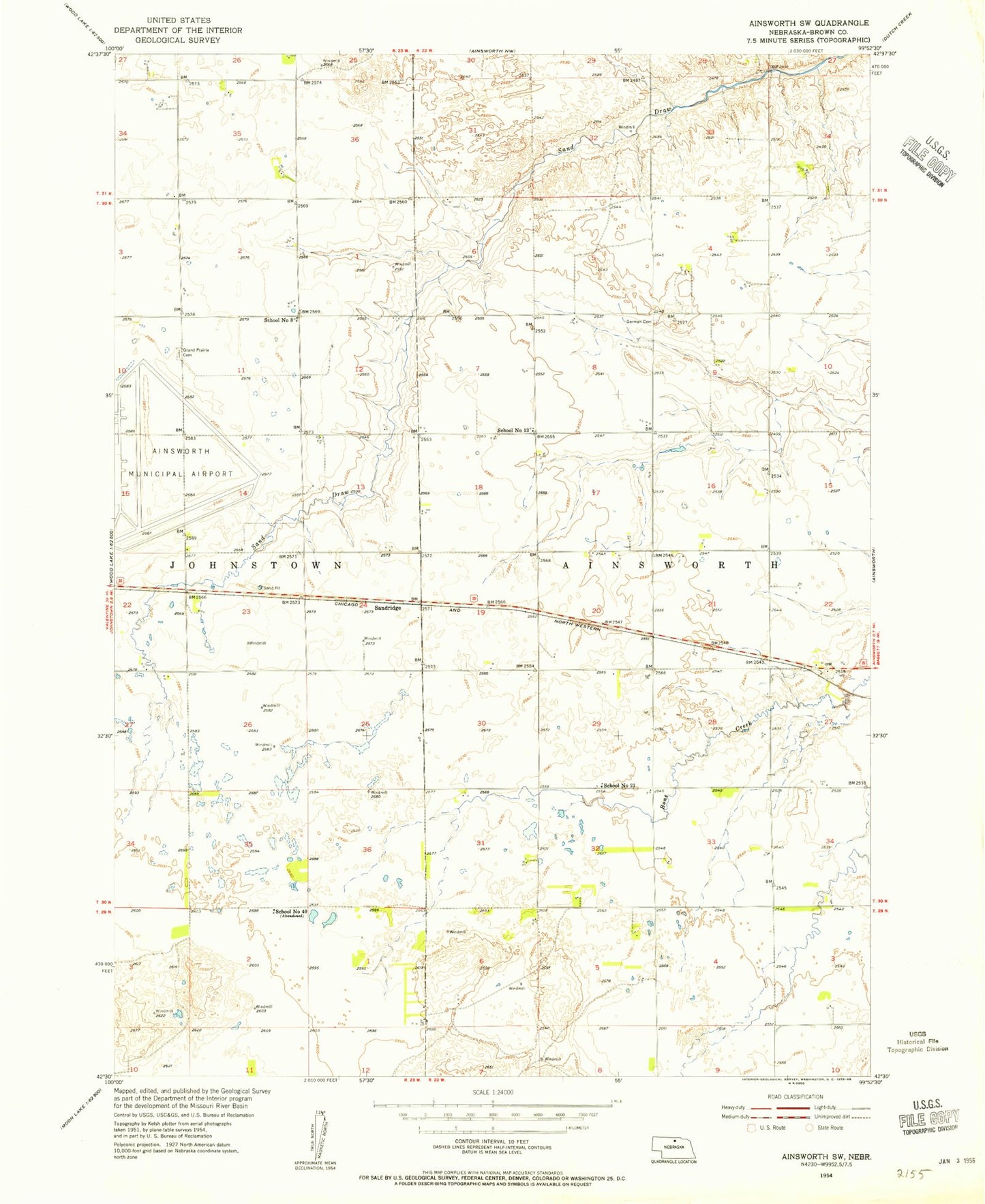 Classic USGS Ainsworth SW Nebraska 7.5'x7.5' Topo Map Image