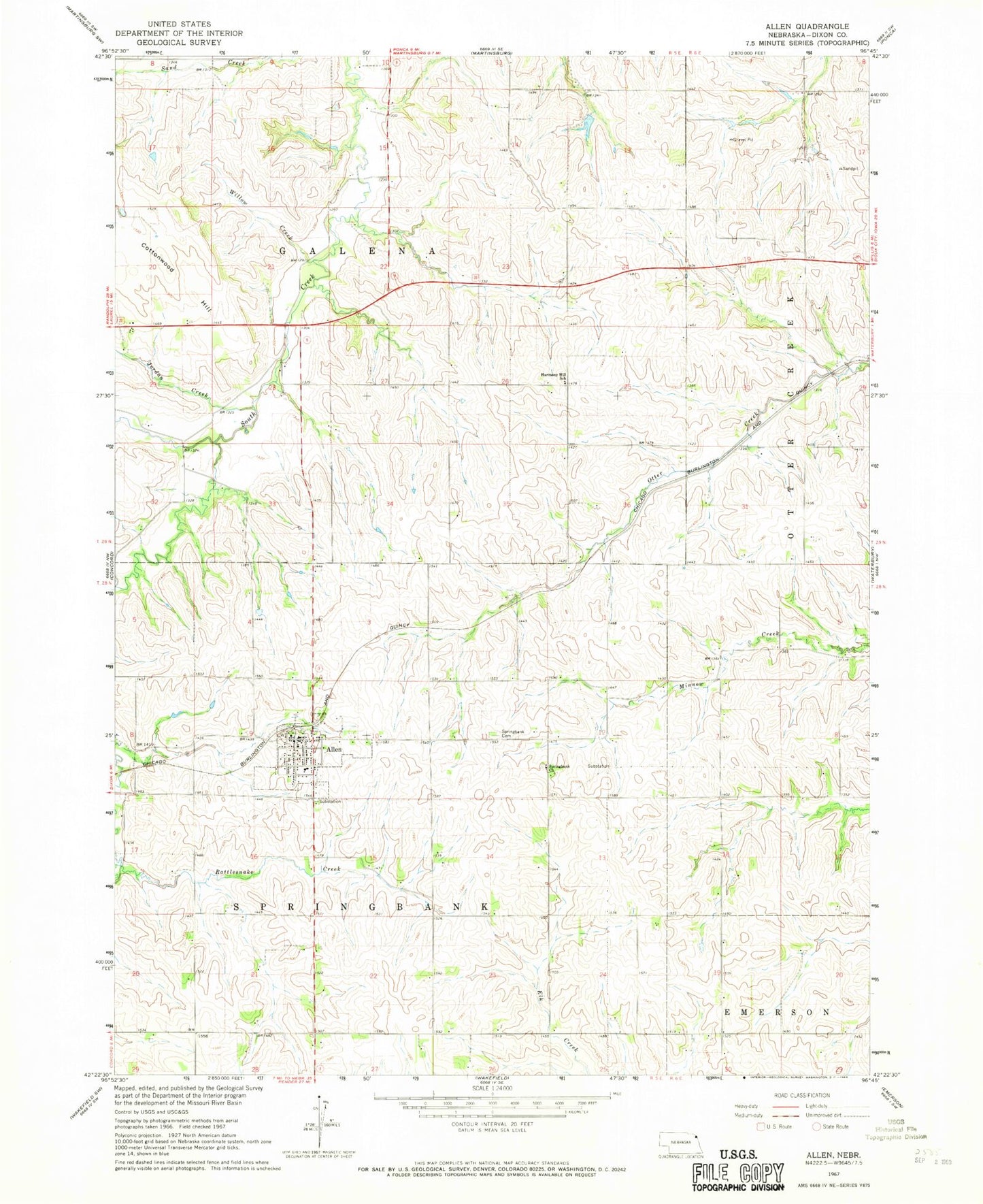 Classic USGS Allen Nebraska 7.5'x7.5' Topo Map Image