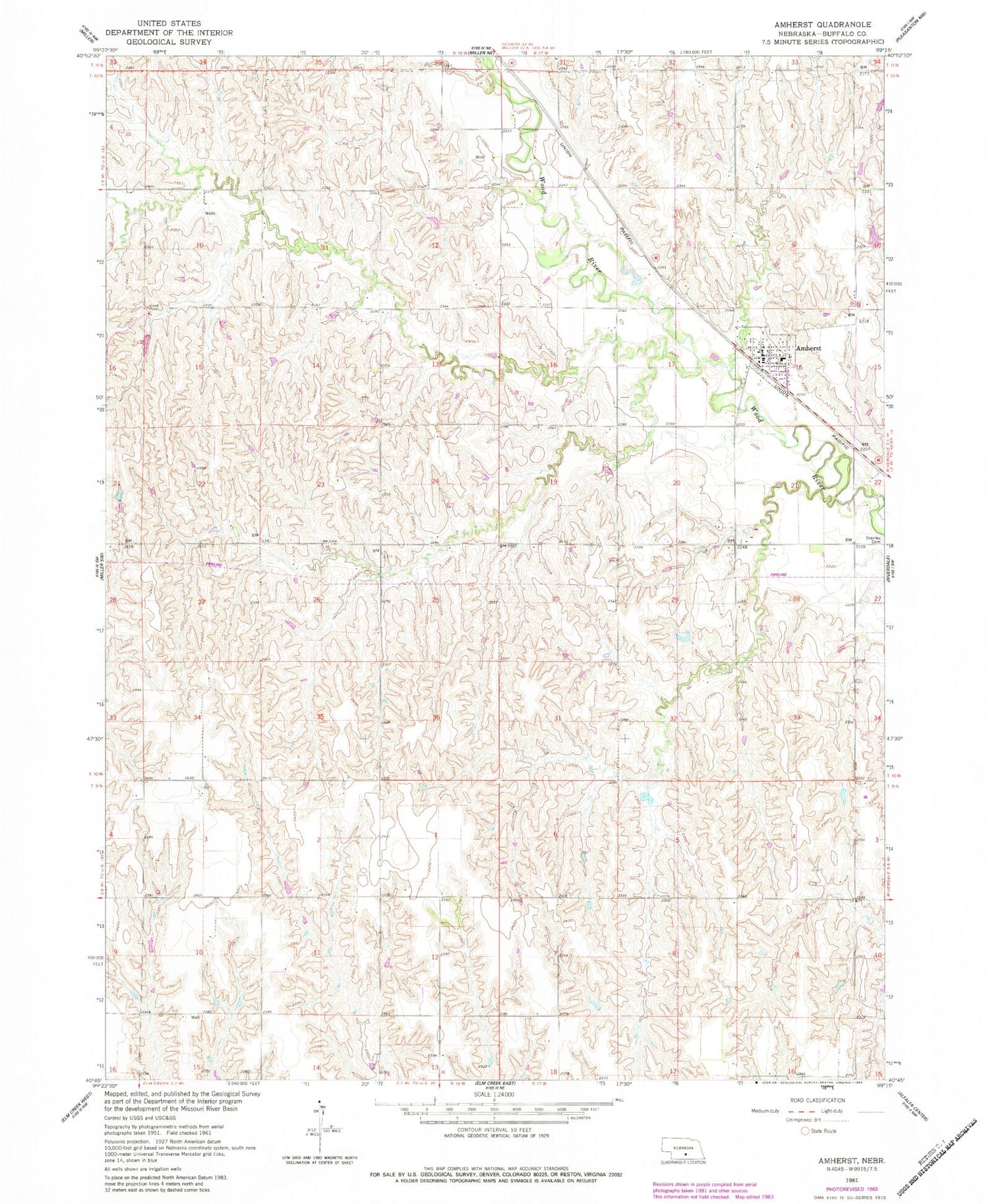 Classic USGS Amherst Nebraska 7.5'x7.5' Topo Map Image