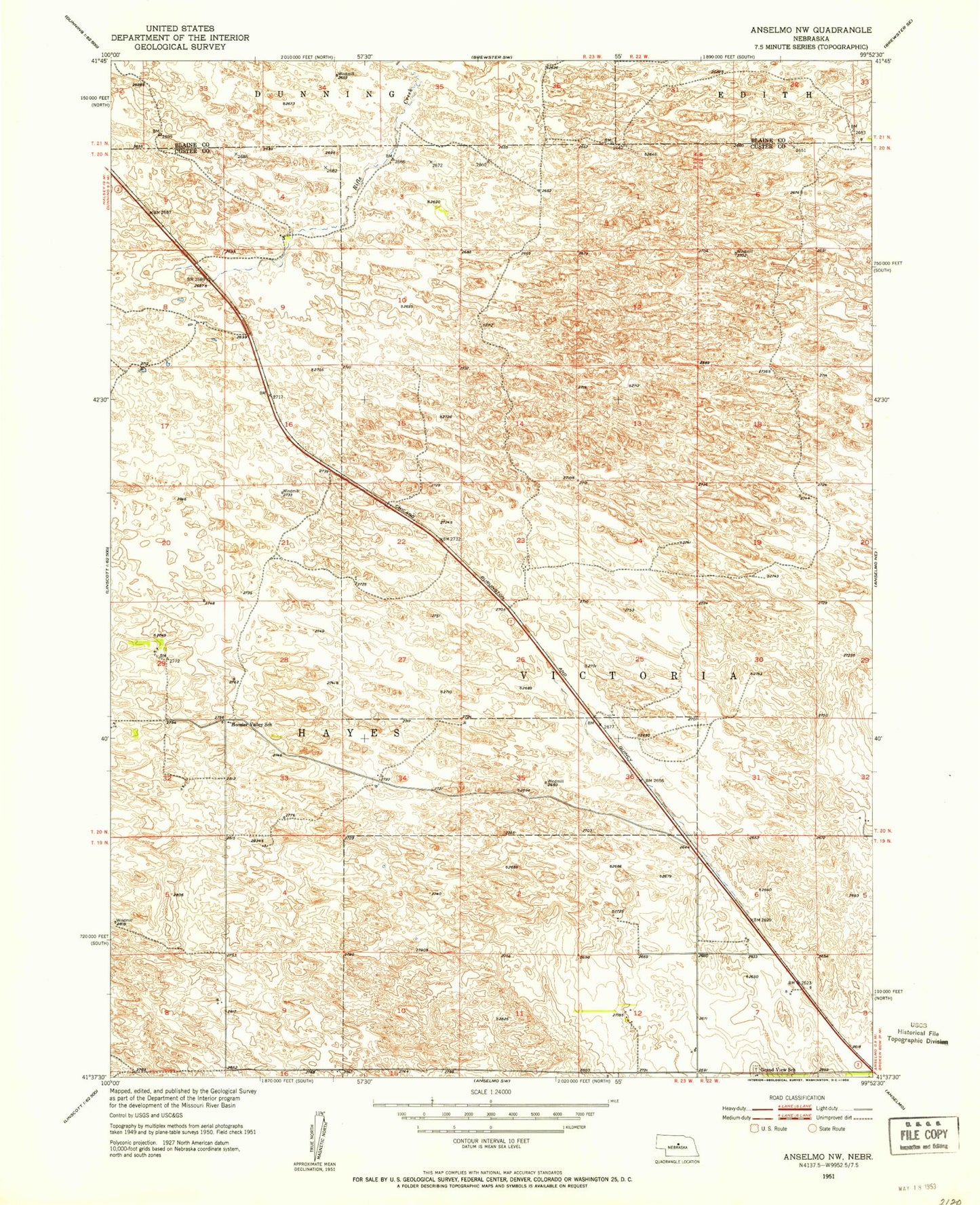 Classic USGS Anselmo NW Nebraska 7.5'x7.5' Topo Map Image