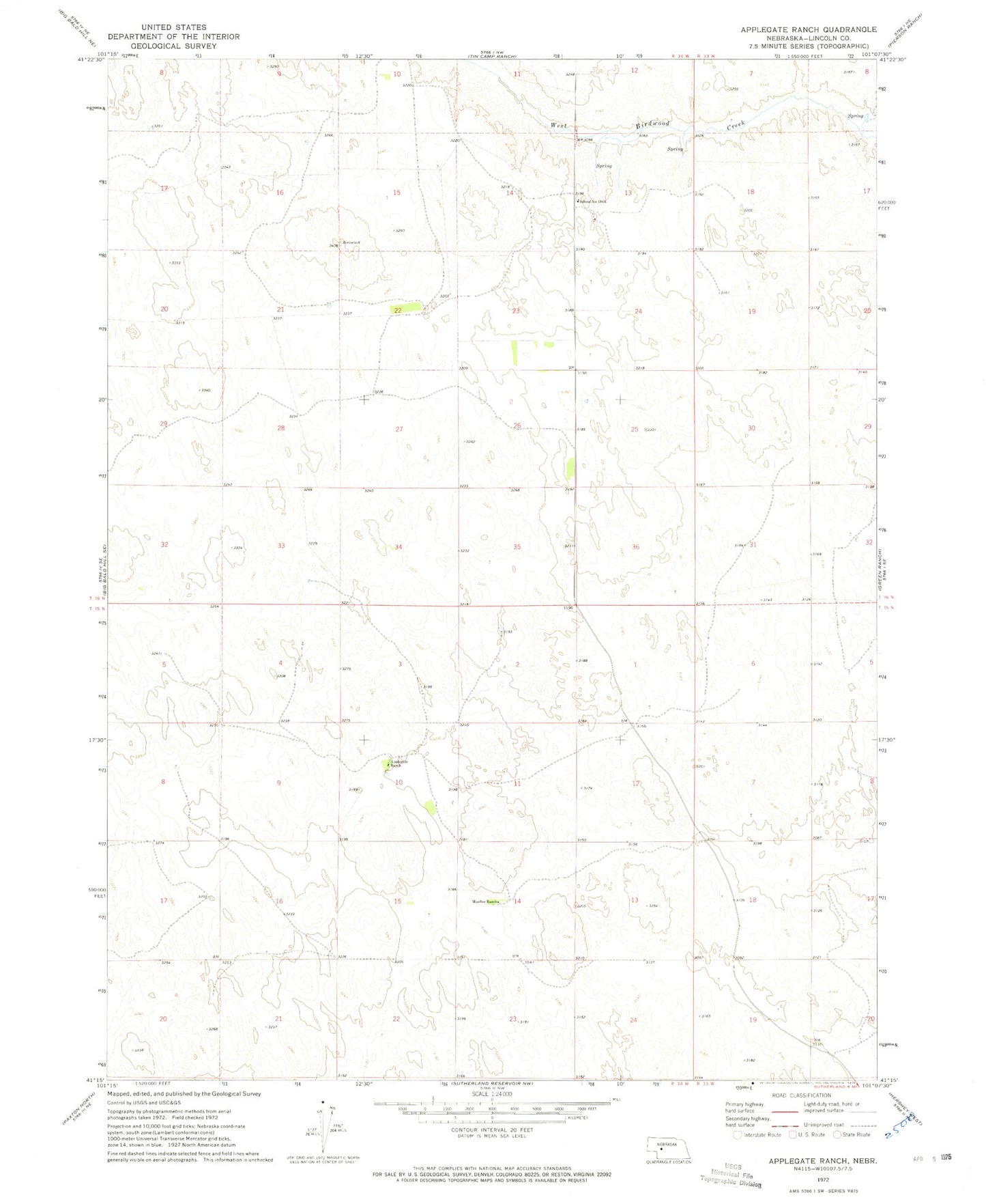 Classic USGS Applegate Ranch Nebraska 7.5'x7.5' Topo Map Image