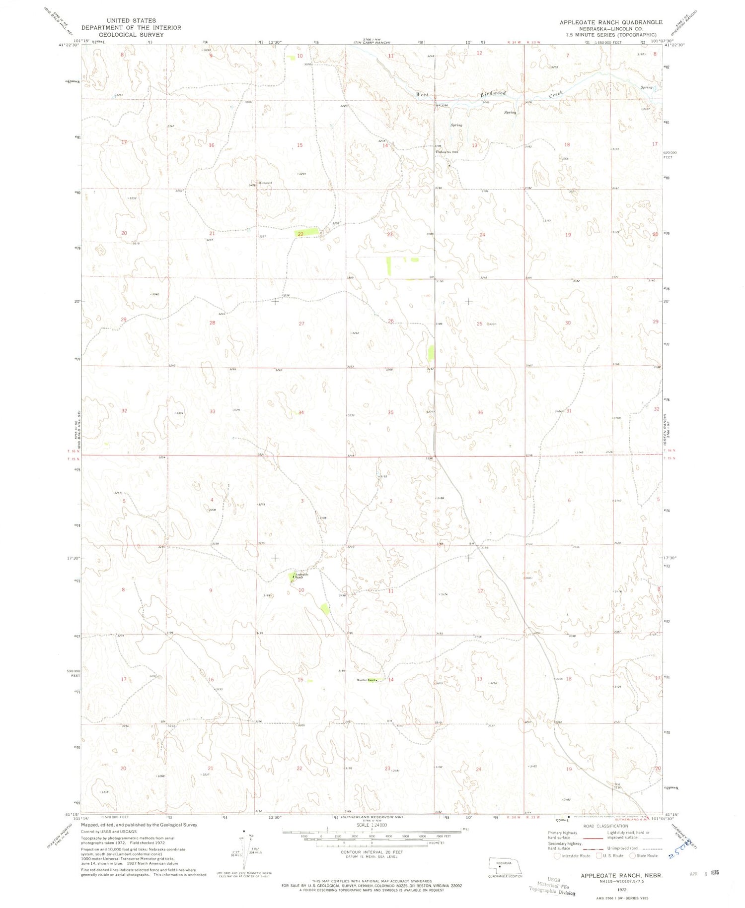 Classic USGS Applegate Ranch Nebraska 7.5'x7.5' Topo Map Image