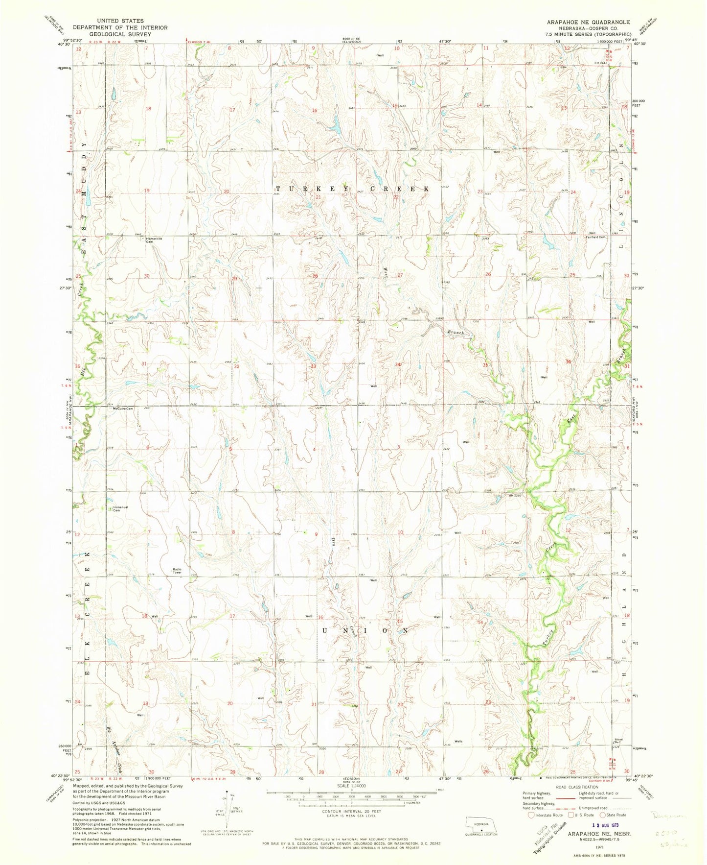 Classic USGS Arapahoe NE Nebraska 7.5'x7.5' Topo Map Image