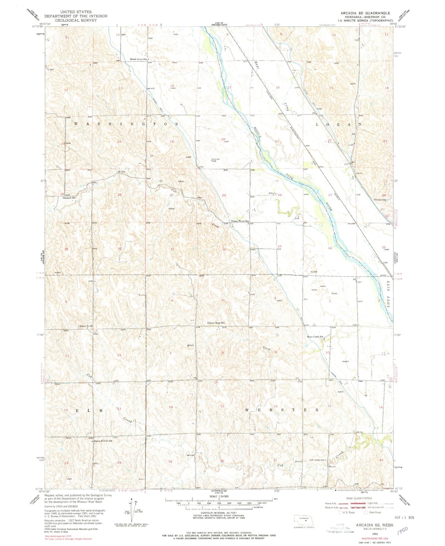 Classic USGS Arcadia SE Nebraska 7.5'x7.5' Topo Map Image