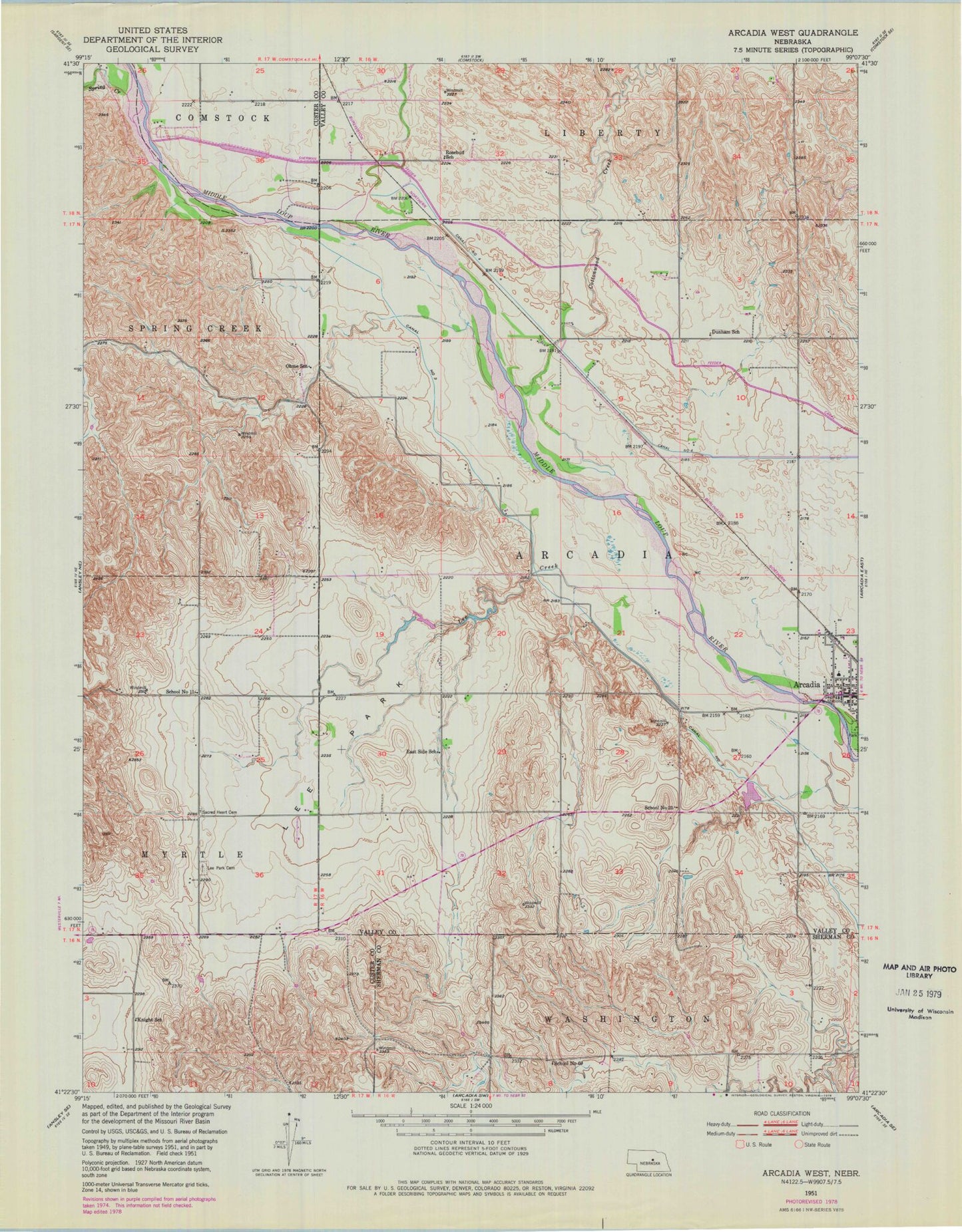 Classic USGS Arcadia West Nebraska 7.5'x7.5' Topo Map Image